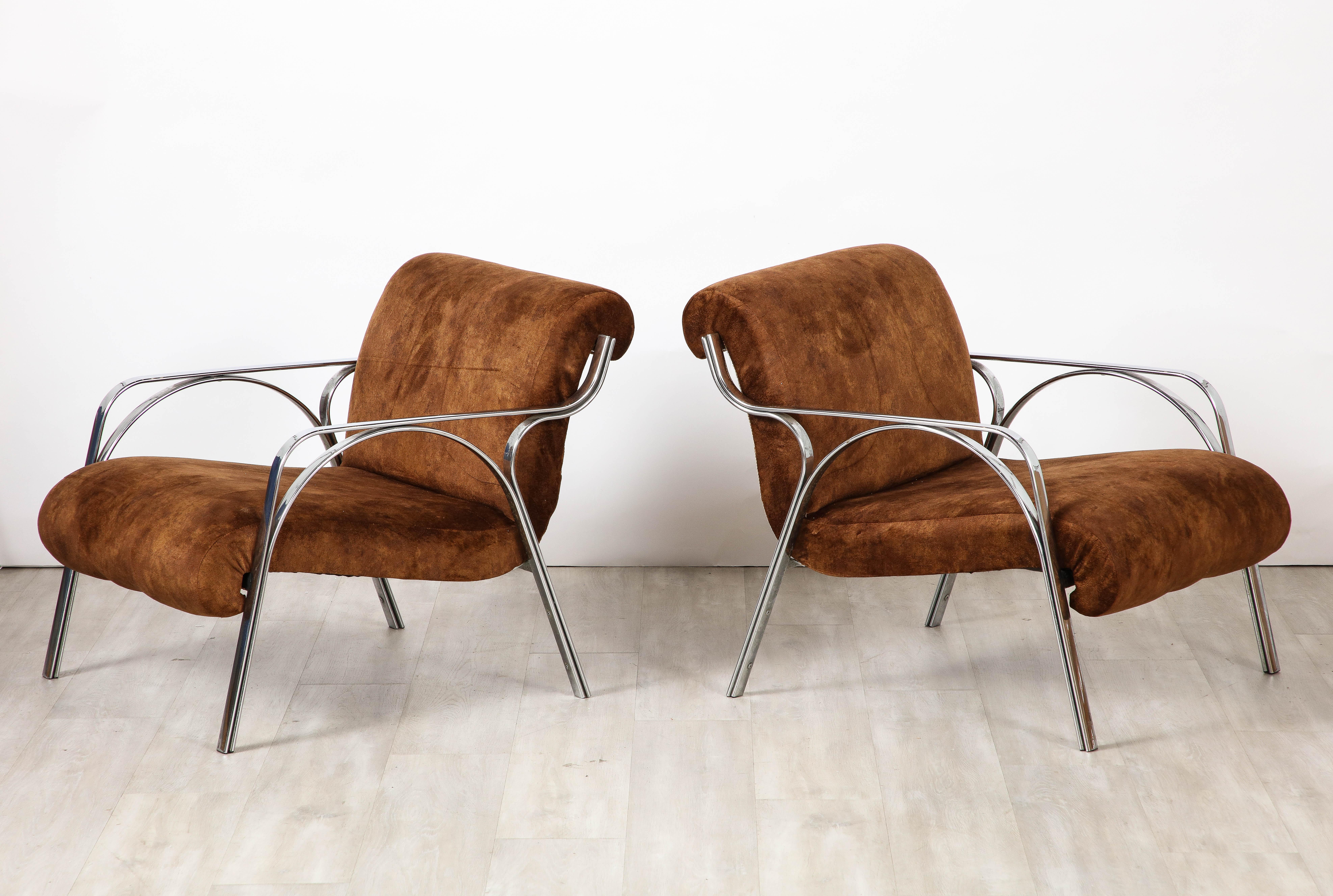 Late 20th Century Gianni Moscatelli Pair of Chrome Lounge Chairs, Italy, circa 1970  For Sale