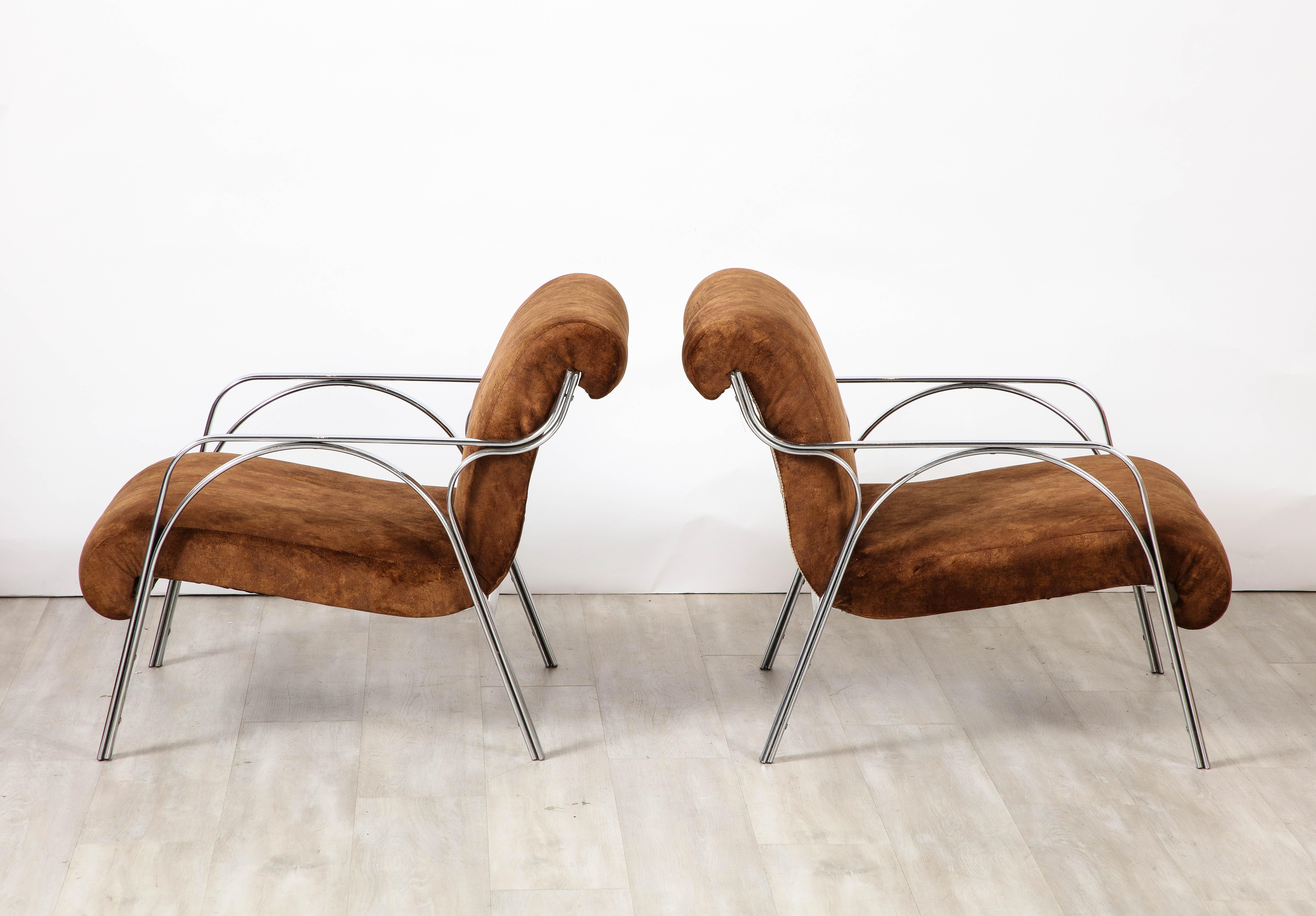 Ultrasuede Gianni Moscatelli Pair of Chrome Lounge Chairs, Italy, circa 1970  For Sale