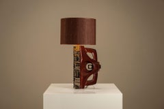 Gianni Pinna Table Lamp in Wood with Glazed Ceramic Decoration, Italy 1970s