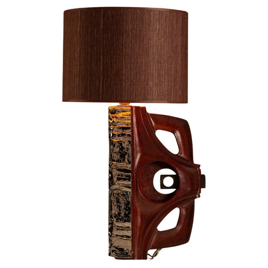 Gianni Pinna Table Lamp in Wood with Glazed Ceramic Decoration, Italy 1970s en venta