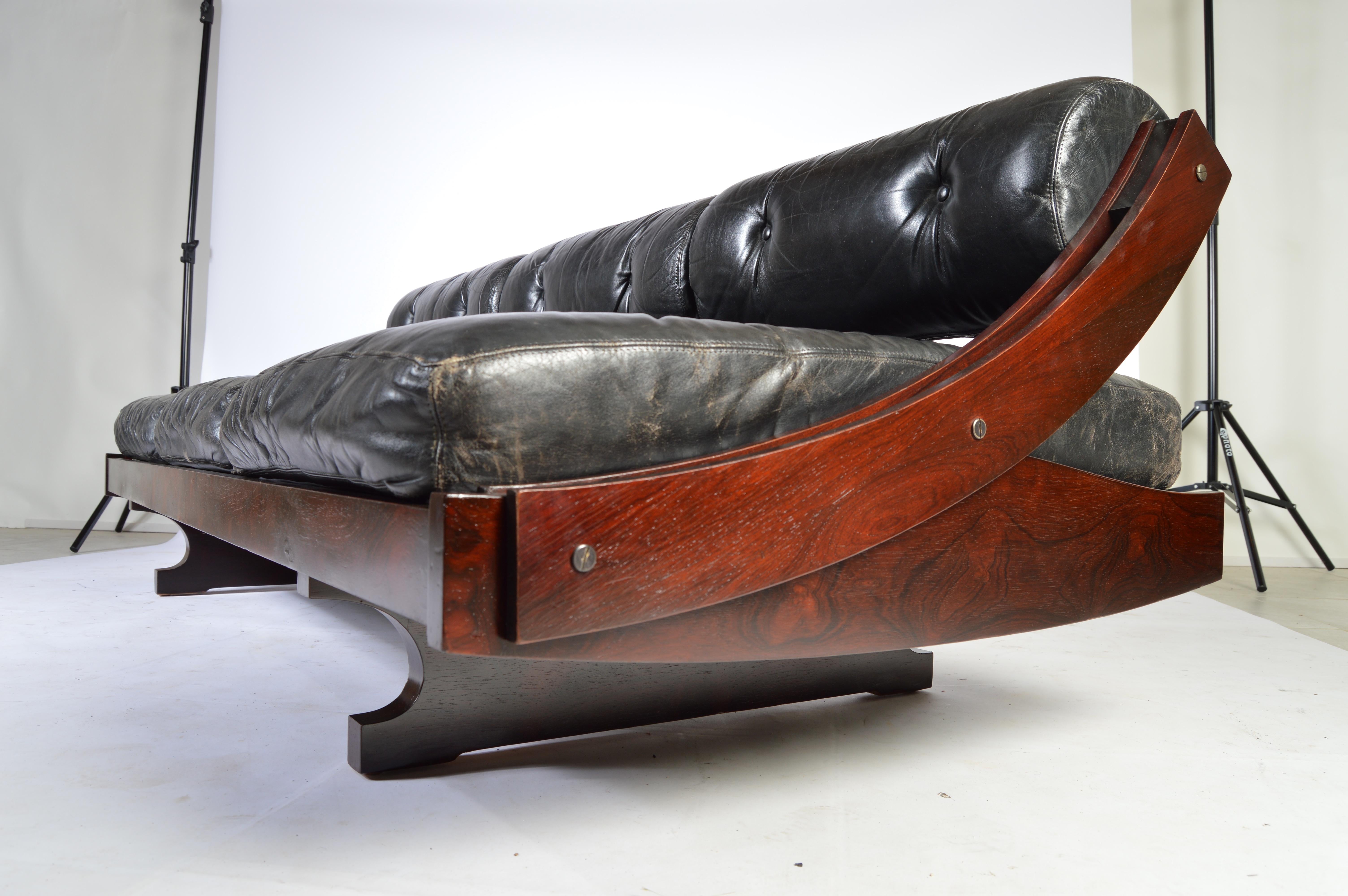 Brass Gianni Songia for Sormani Rosewood and Leather Daybed Sofa, Italy, circa 1960