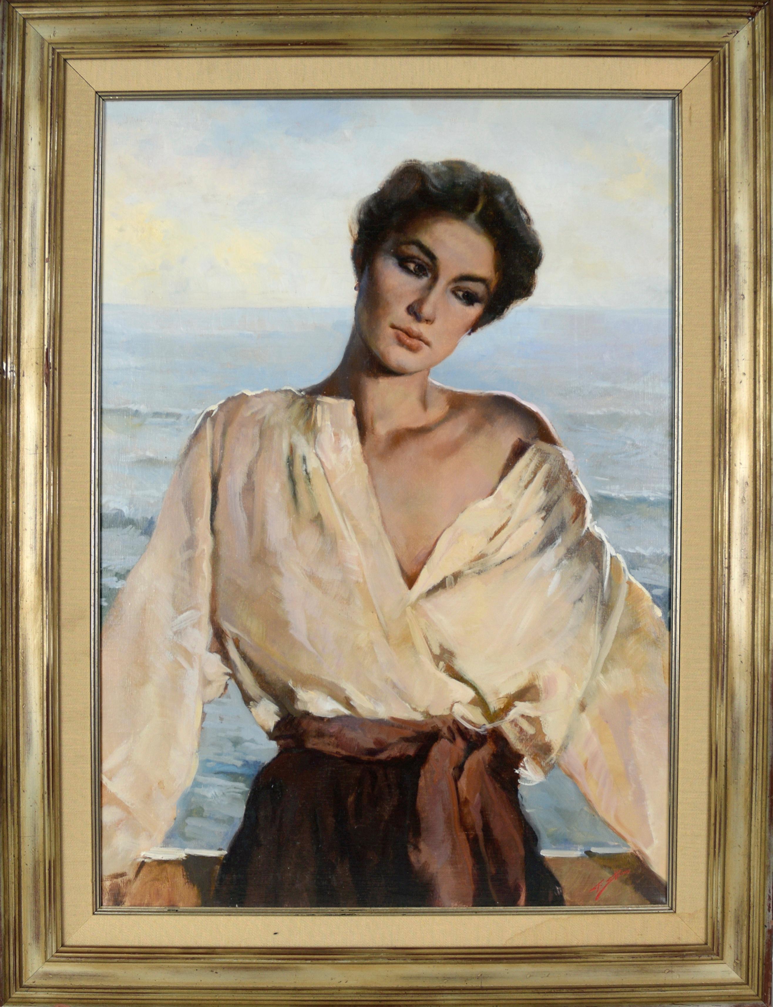 Gianni Strino Portrait Painting - Portrait of a Woman in Front of the Sea - Original Romantic Oil Painting