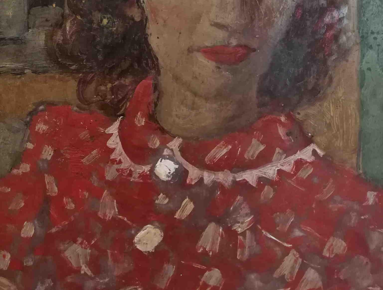 The painting is a portrait of an unknown lady, here depicted with a with an absorbed look. The intense red lipstick, matching with the the dress-allusion to fire and passion-creates a strong contradiction with the the sober and plain style, and the