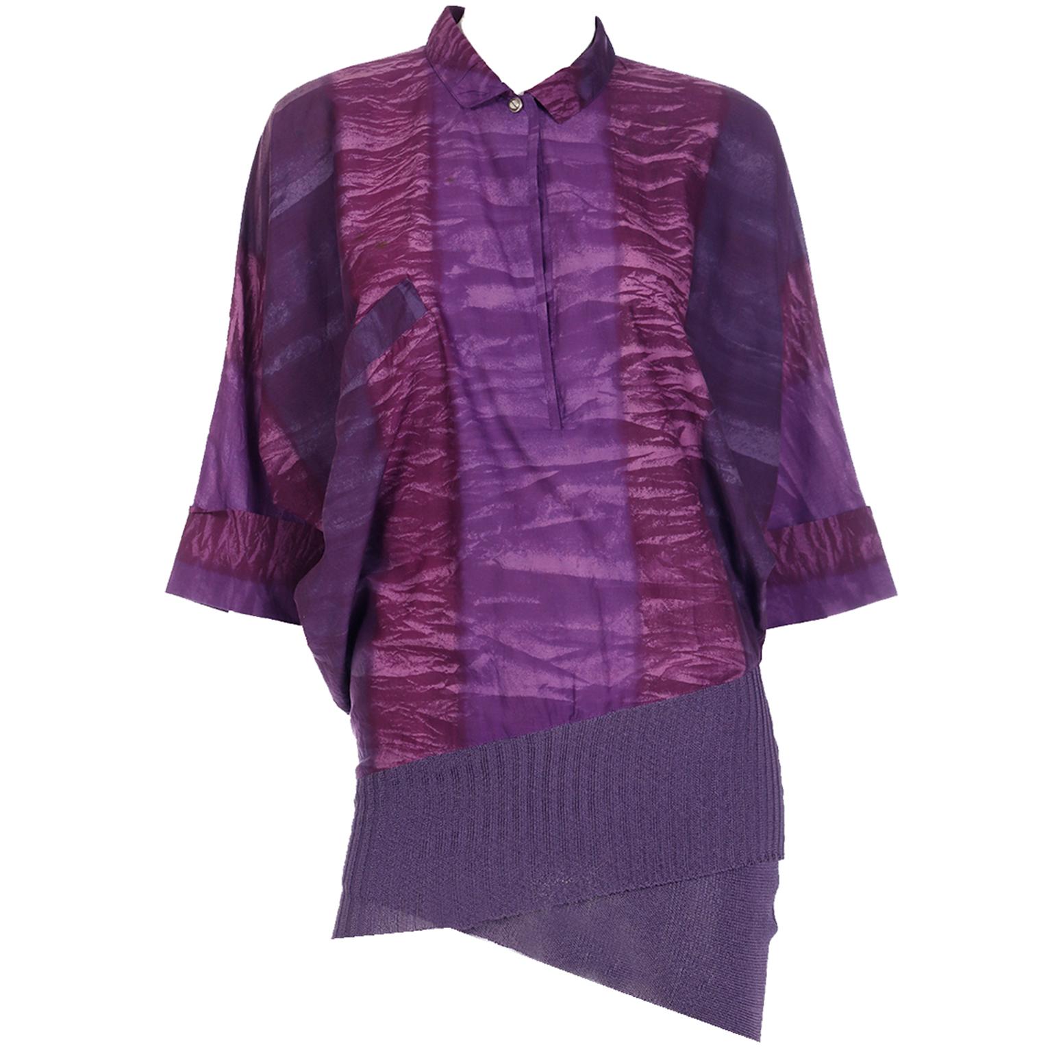 Gianni Versace 1980s Asymmetrical Top Purple Abstract Print Shirt w Knit Trim For Sale 7