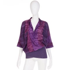Gianni Versace 1980s Asymmetrical Top Purple Abstract Print Shirt w Knit Trim