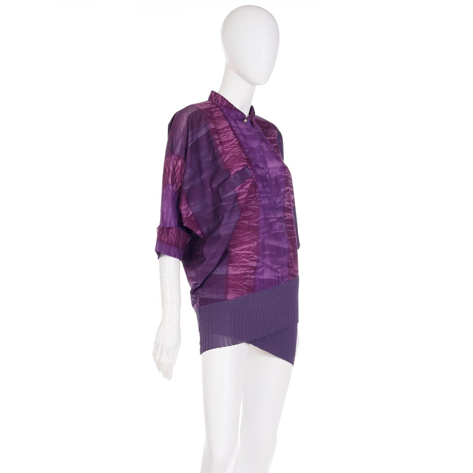 Gianni Versace 1980s Asymmetrical Top Purple Abstract Print Shirt w Knit Trim In Excellent Condition For Sale In Portland, OR