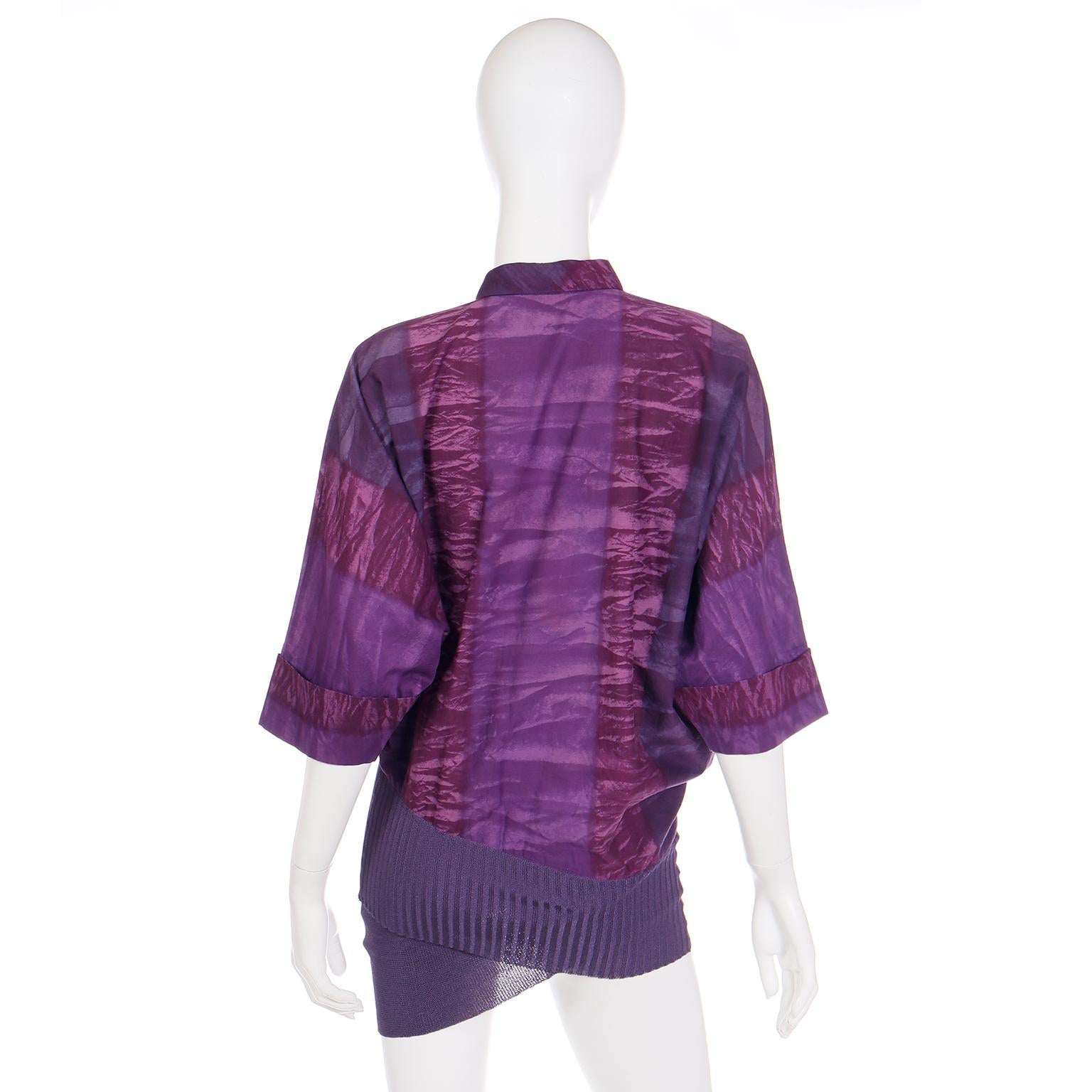 Women's or Men's Gianni Versace 1980s Asymmetrical Top Purple Abstract Print Shirt w Knit Trim For Sale