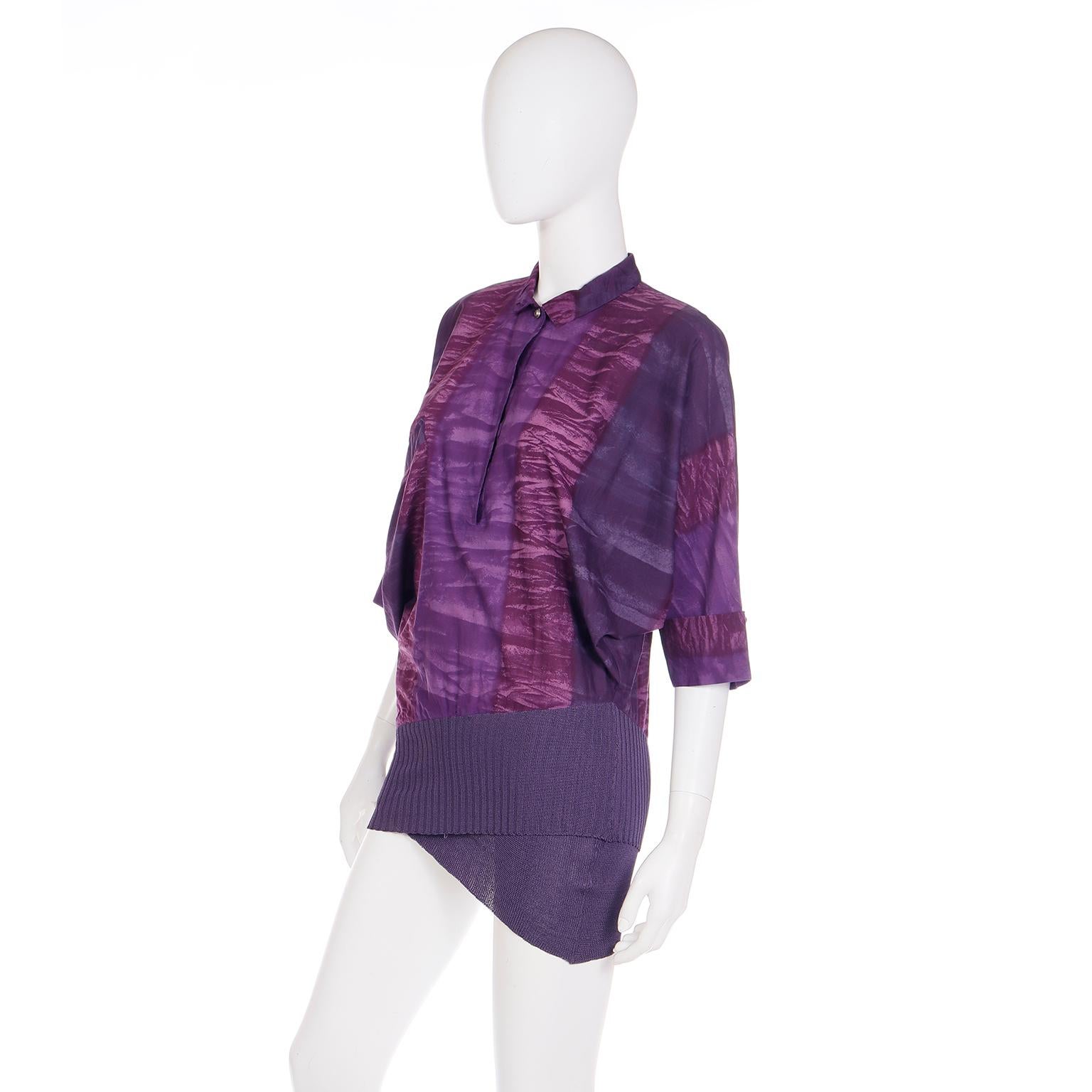Gianni Versace 1980s Asymmetrical Top Purple Abstract Print Shirt w Knit Trim For Sale 1