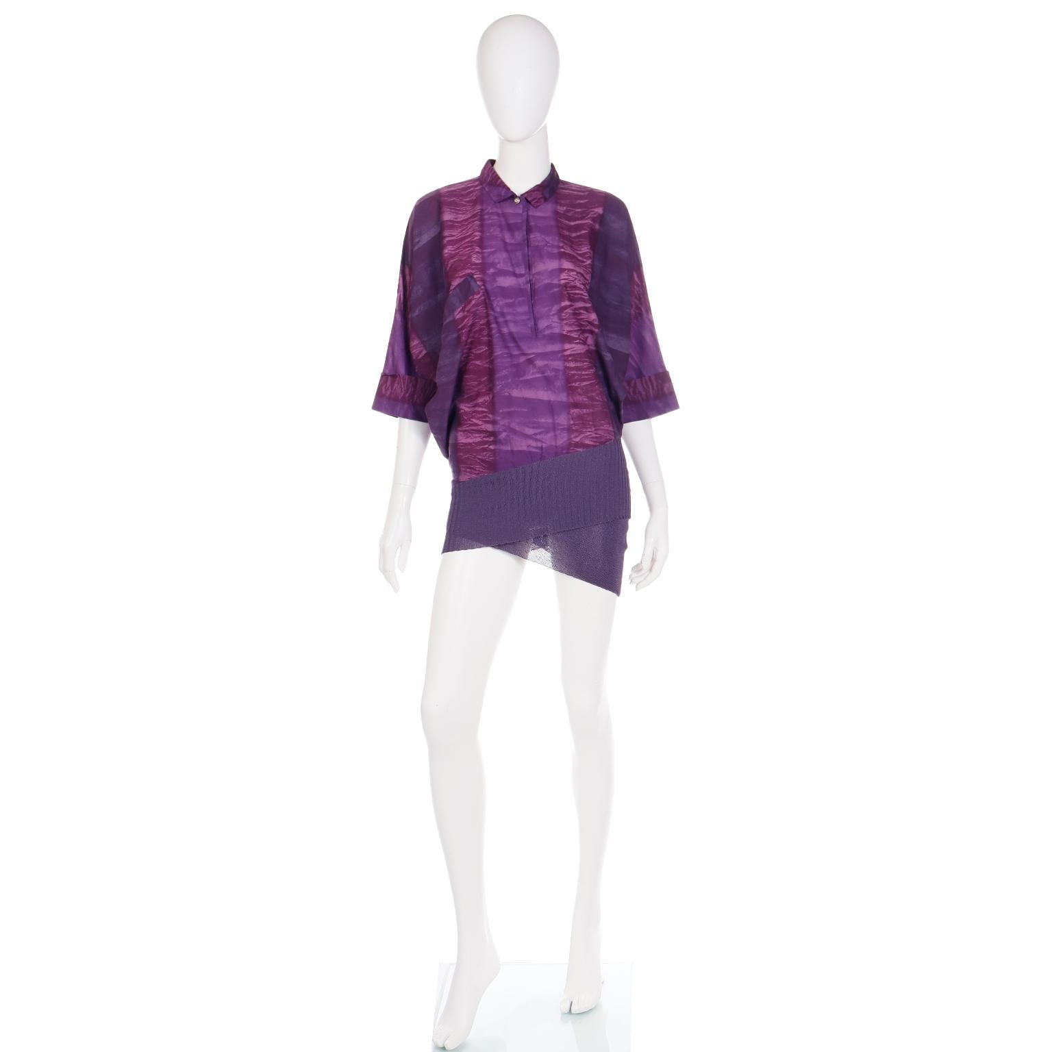 Gianni Versace 1980s Asymmetrical Top Purple Abstract Print Shirt w Knit Trim For Sale 2