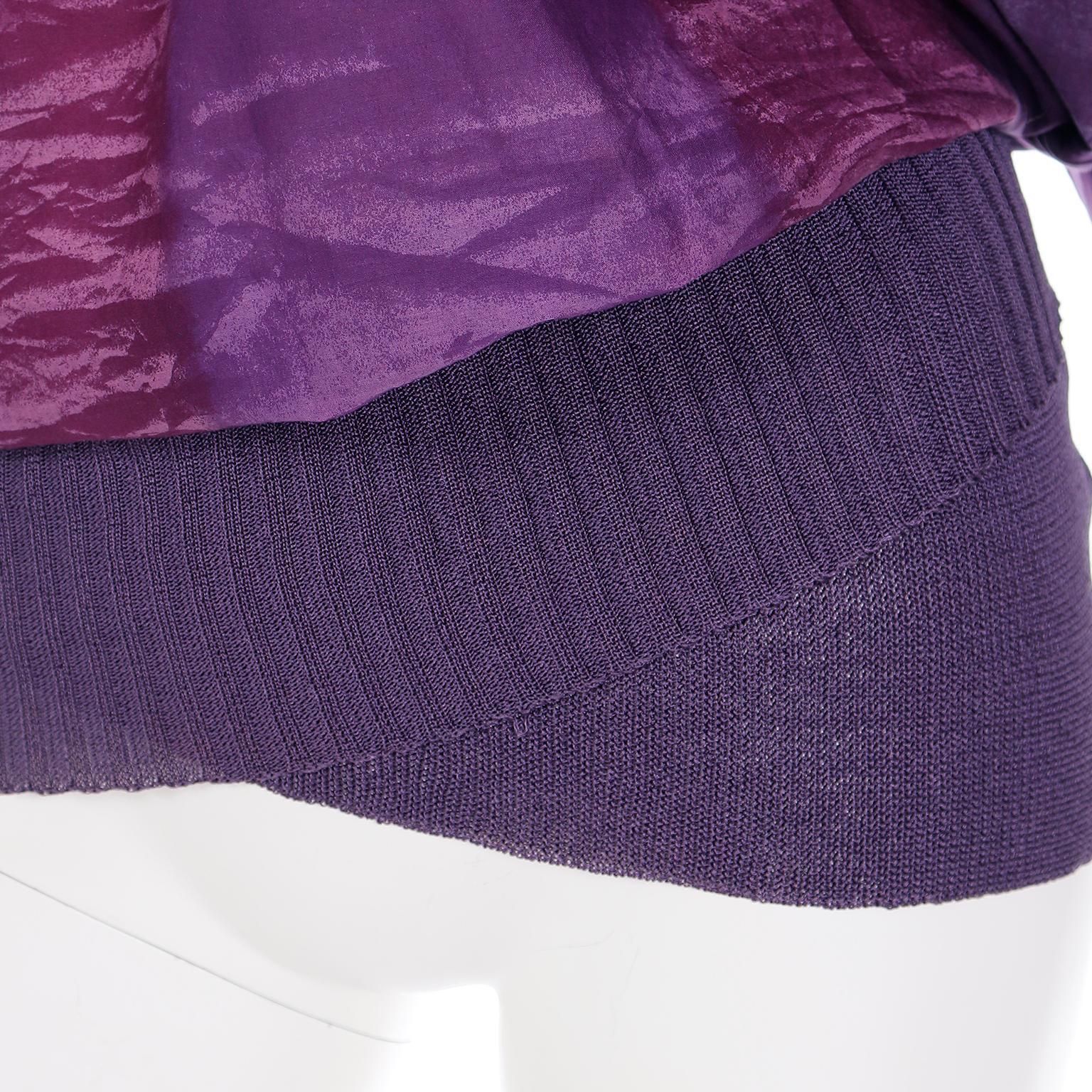 Gianni Versace 1980s Asymmetrical Top Purple Abstract Print Shirt w Knit Trim For Sale 4