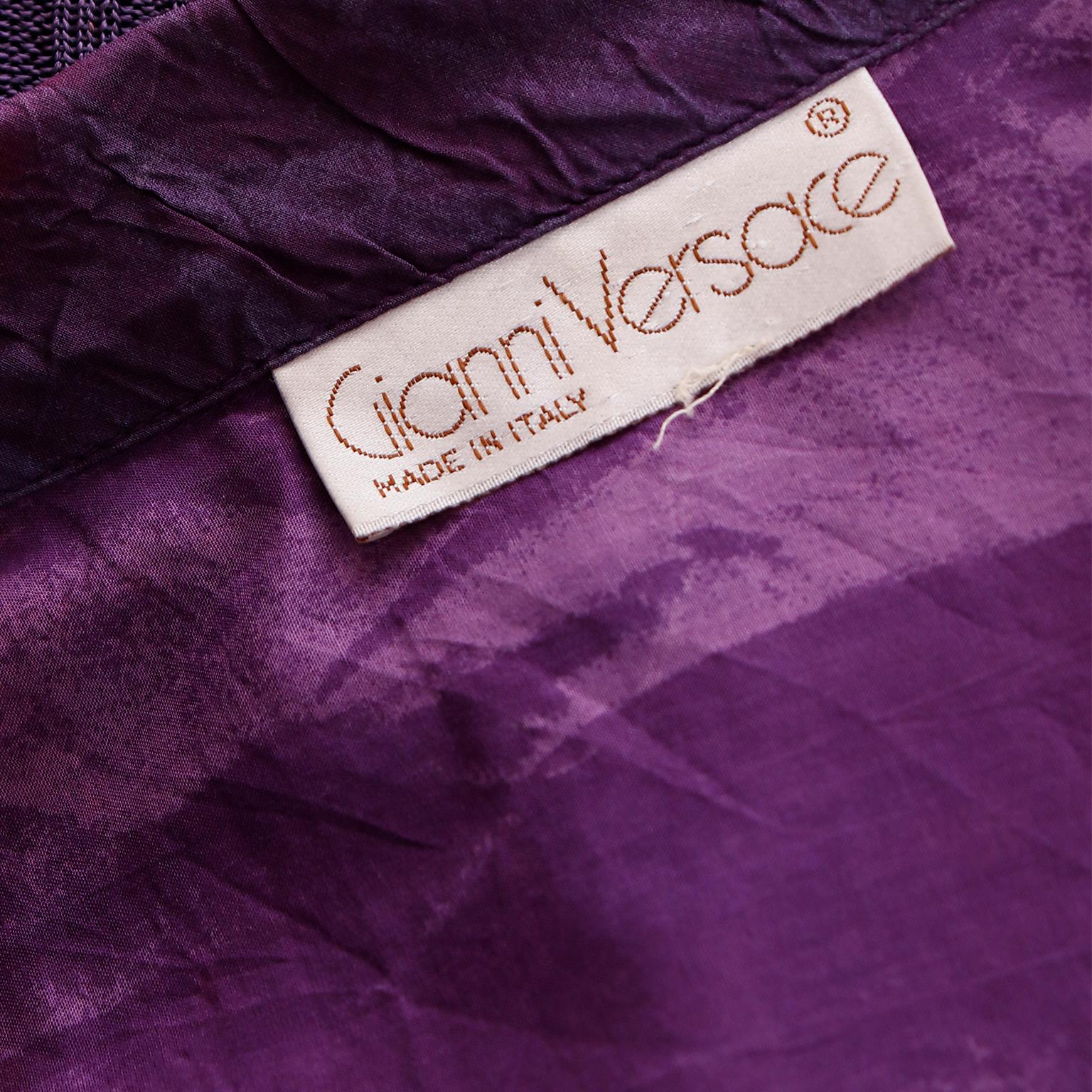 Gianni Versace 1980s Asymmetrical Top Purple Abstract Print Shirt w Knit Trim For Sale 5