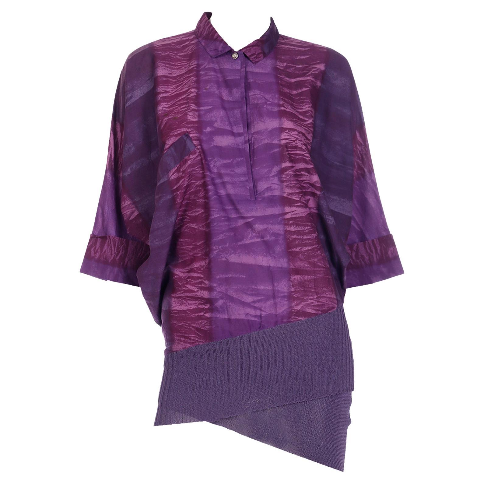 Gianni Versace 1980s Asymmetrical Top Purple Abstract Print Shirt w Knit Trim For Sale