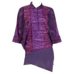 Gianni Versace 1980s Asymmetrical Top Purple Abstract Print Shirt w Knit Trim
