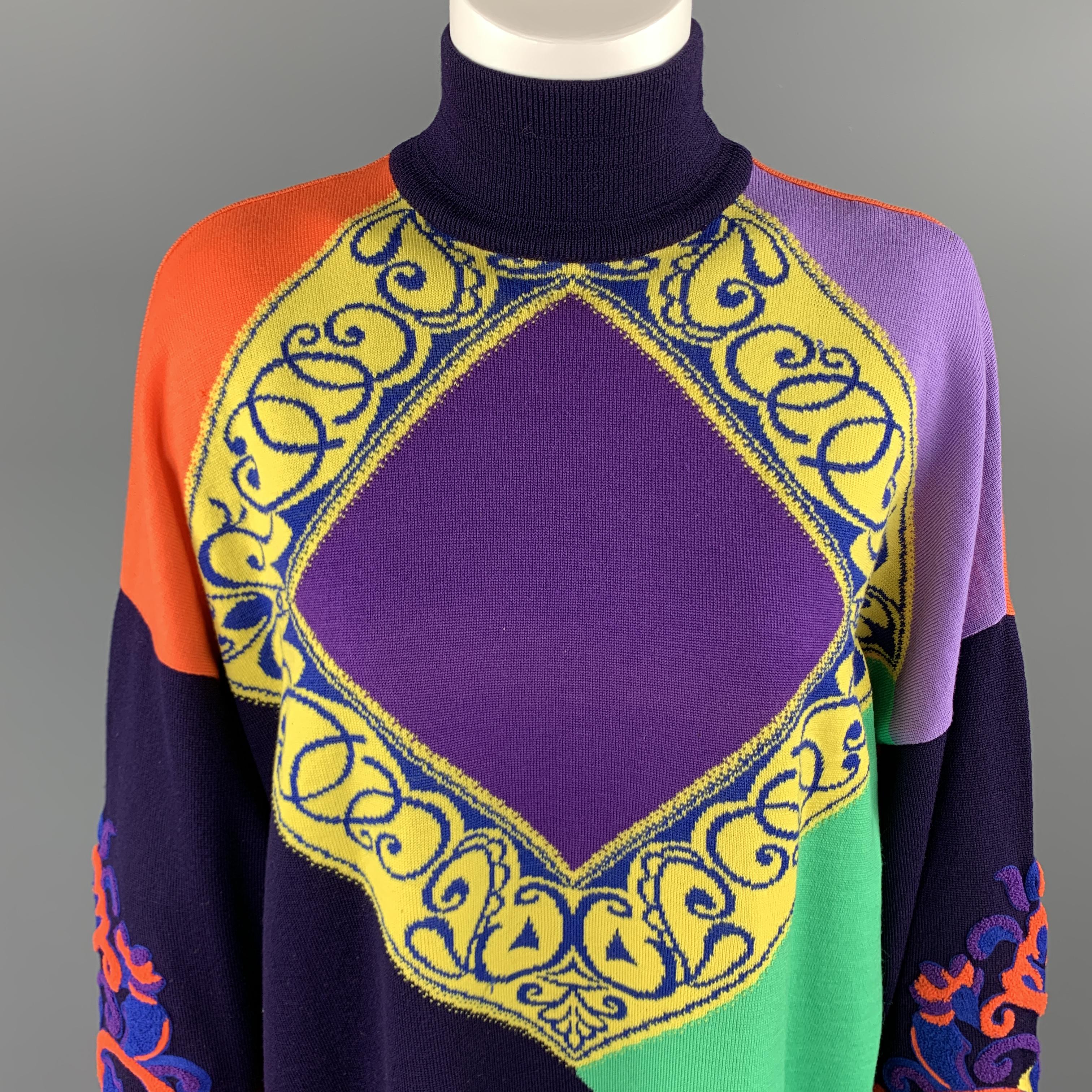 Vintage 1980's GIANNI VERSACE pullover sweater comes in eggplant, purple, yellow, orange, and green baroque color block print wool knit with a high mock neck, batwing sleeves with textured overlay, and geometric print back. Minor wear. As-is. Made
