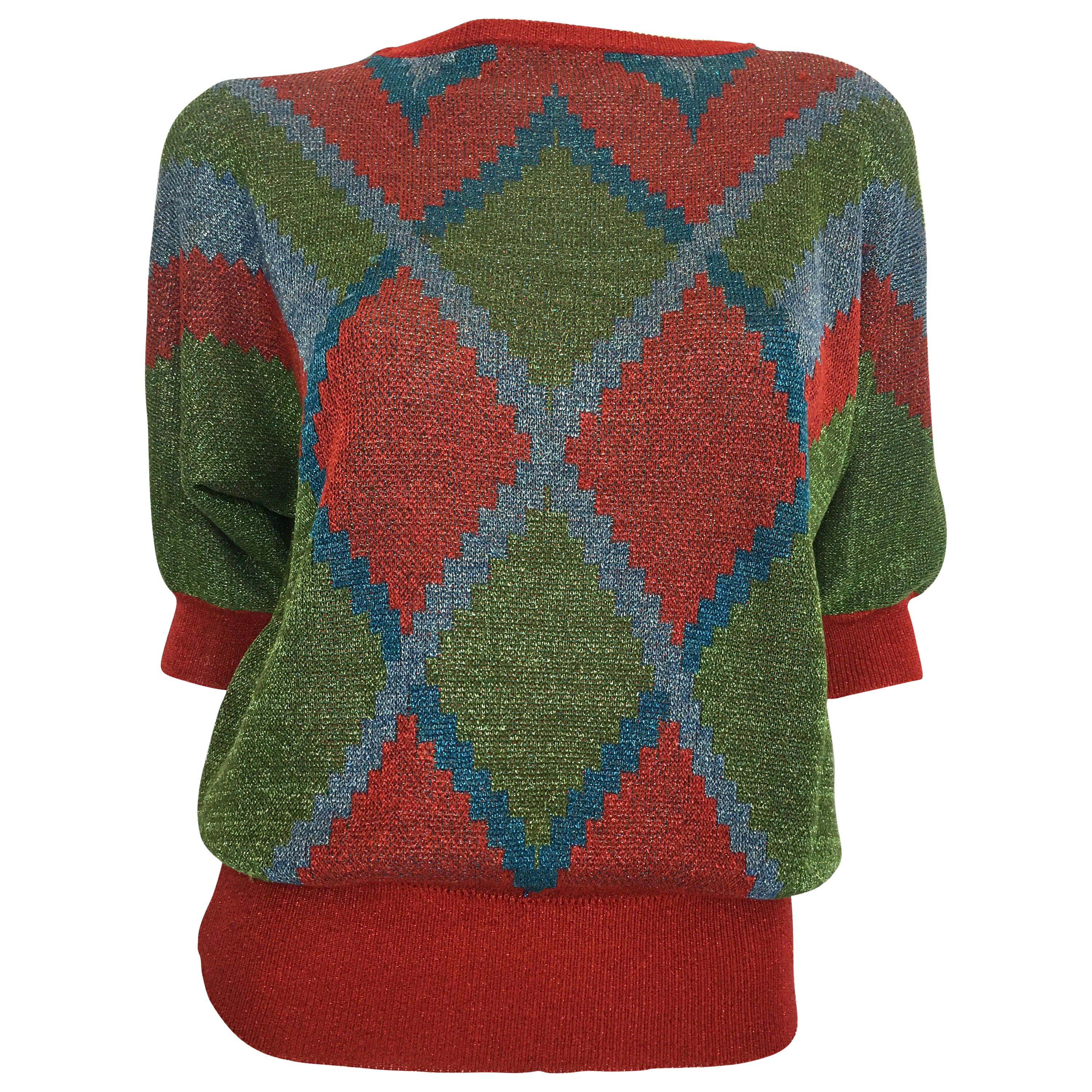 Gianni Versace 1980's Red, Green, Blue Argyle Knit Sweater w/ Metallic Thread For Sale