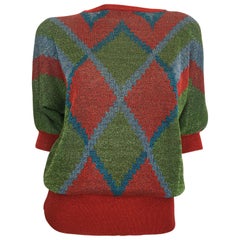 Gianni Versace 1980's Red, Green, Blue Argyle Knit Sweater w/ Metallic Thread
