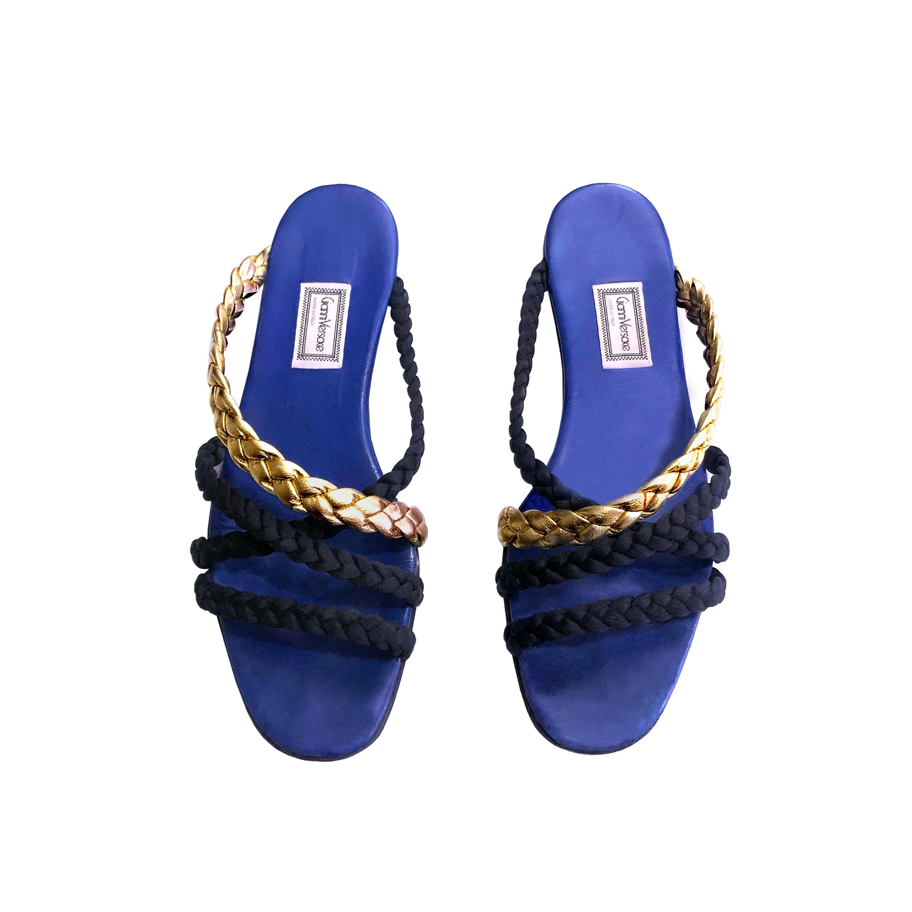 Gianni Versace Sandals - 1980s Vintage - Gold Leather Plaited Straps - EU 37.5 In Good Condition For Sale In KENT, GB
