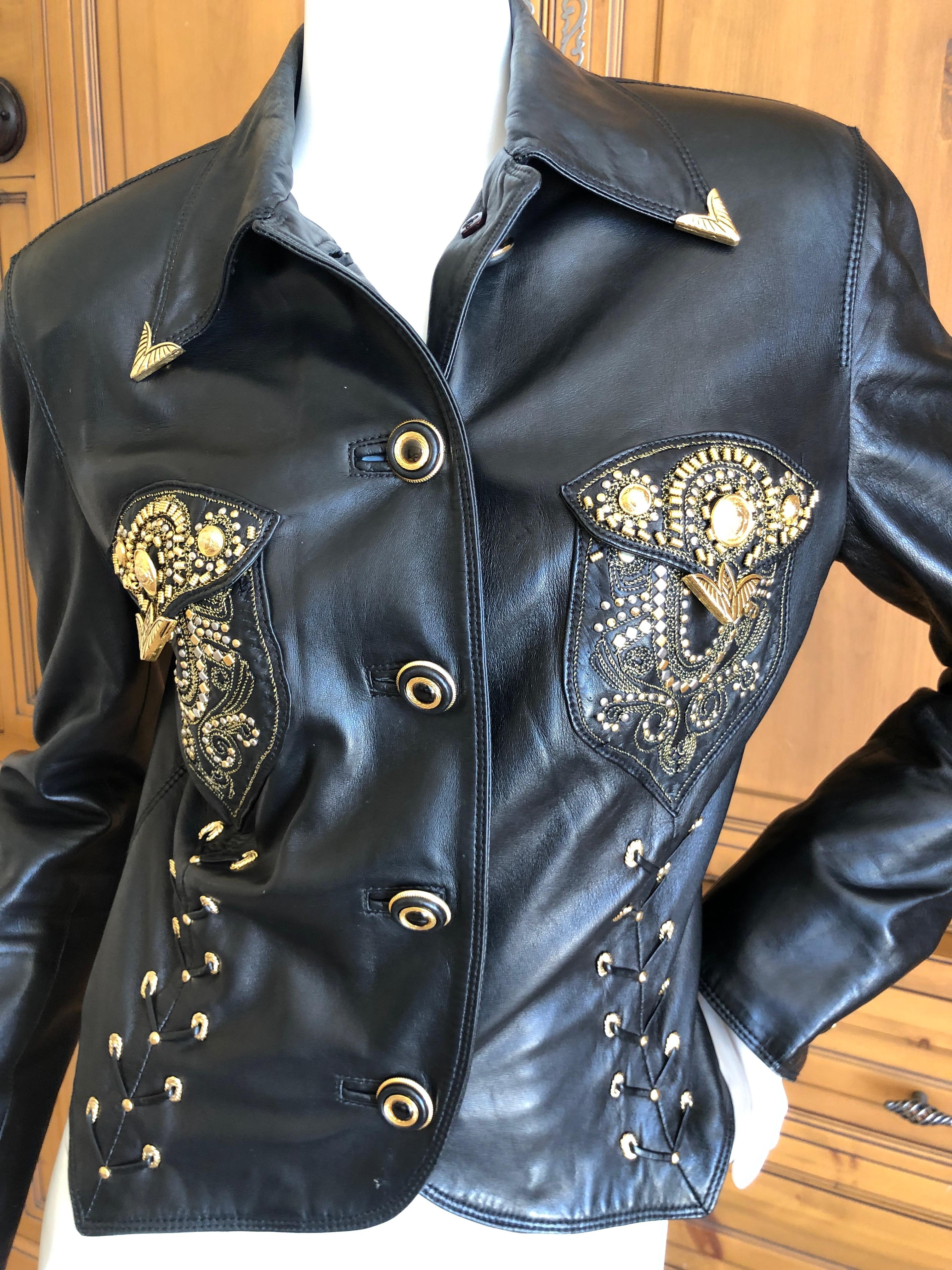 Gianni Versace 1990 Lambskin Leather Moto Jacket with Gold Embellishment For Sale 6