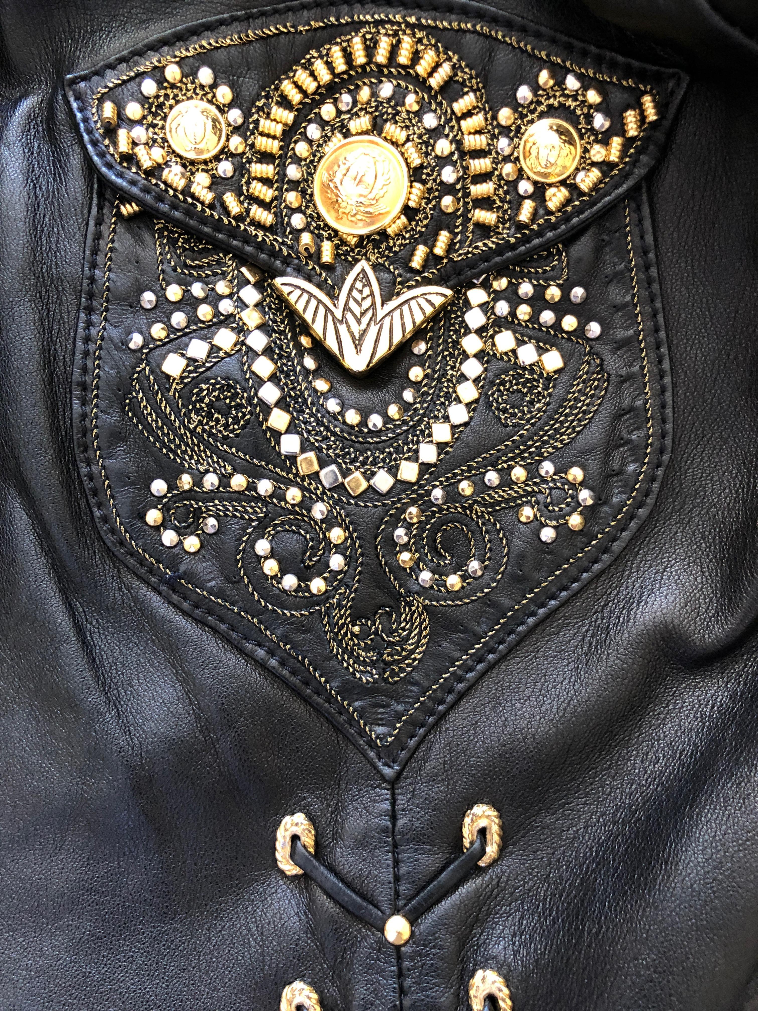 Black Gianni Versace 1990 Lambskin Leather Moto Jacket with Gold Embellishment For Sale