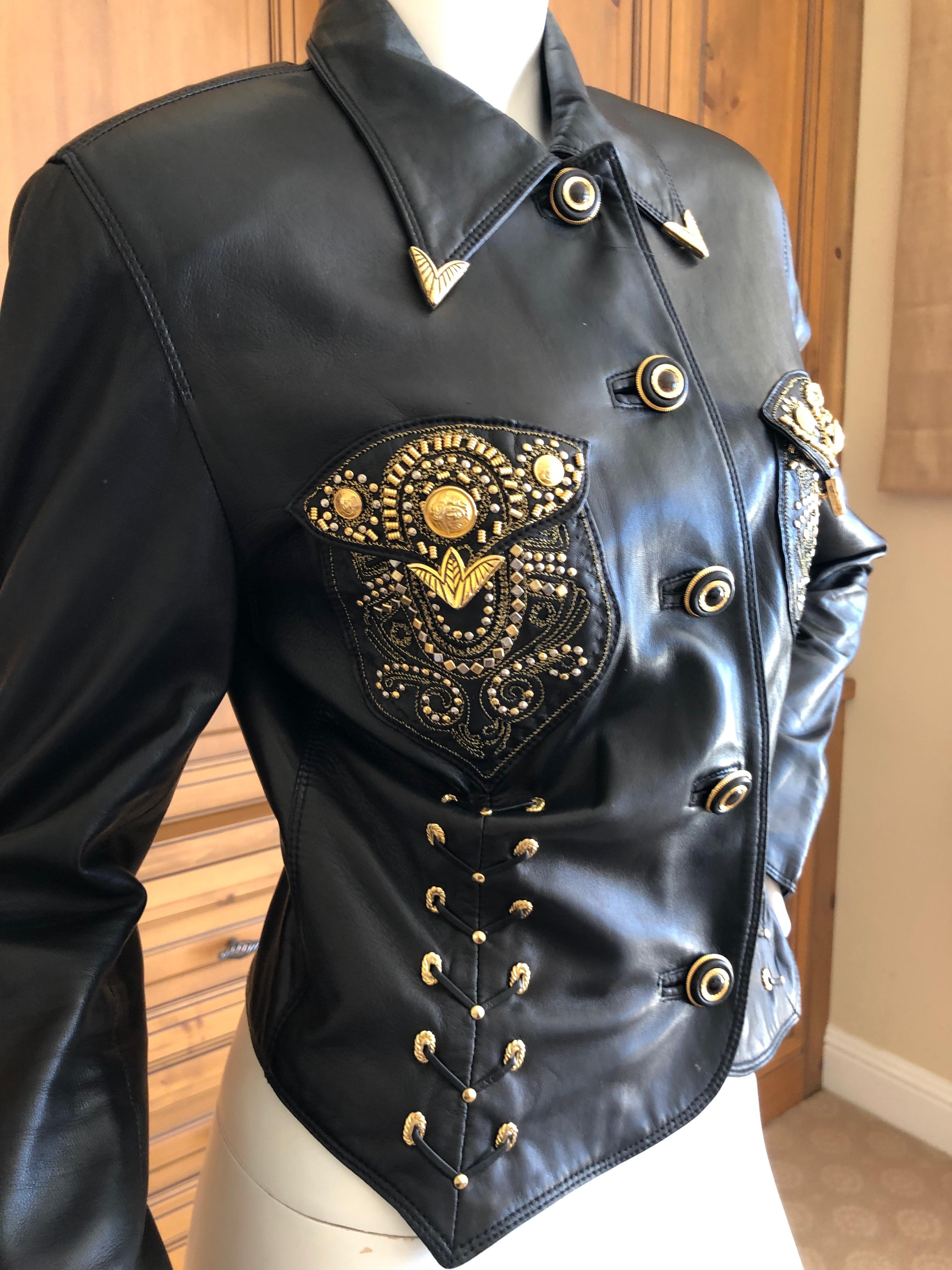 Black Gianni Versace 1990 Lambskin Leather Moto Jacket with Gold Embellishment