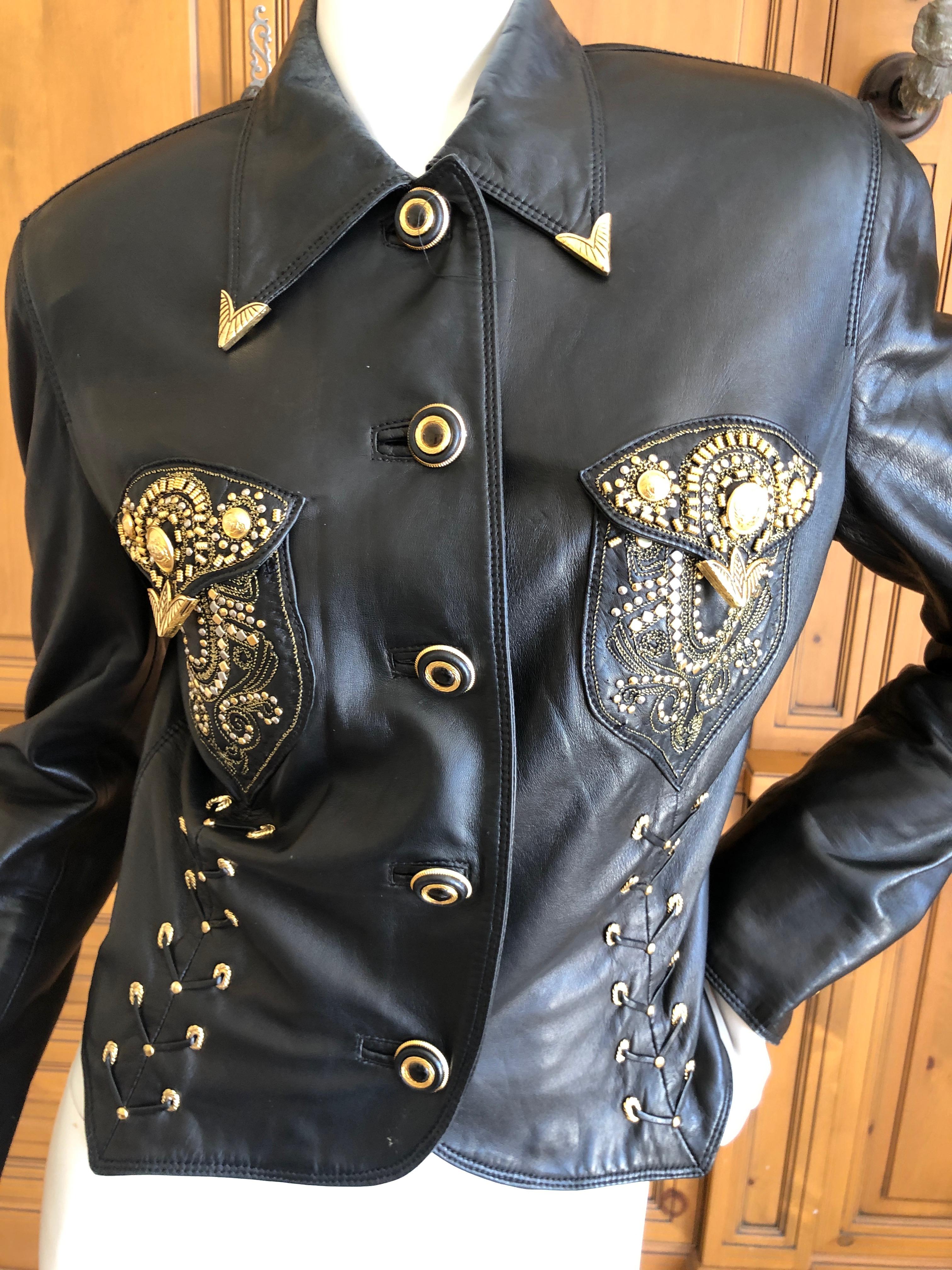 Women's or Men's Gianni Versace 1990 Lambskin Leather Moto Jacket with Gold Embellishment For Sale