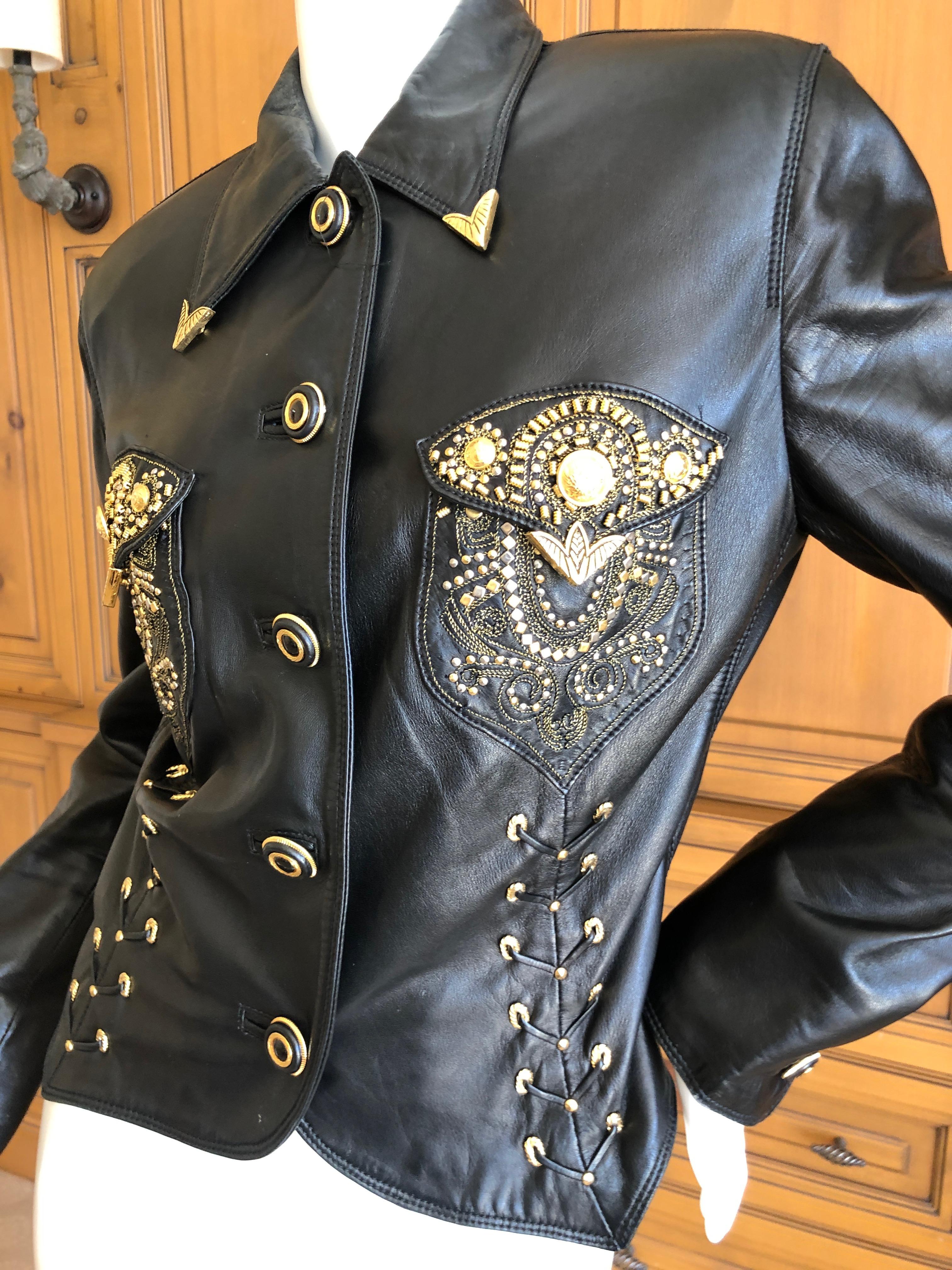 Gianni Versace 1990 Lambskin Leather Moto Jacket with Gold Embellishment For Sale 1