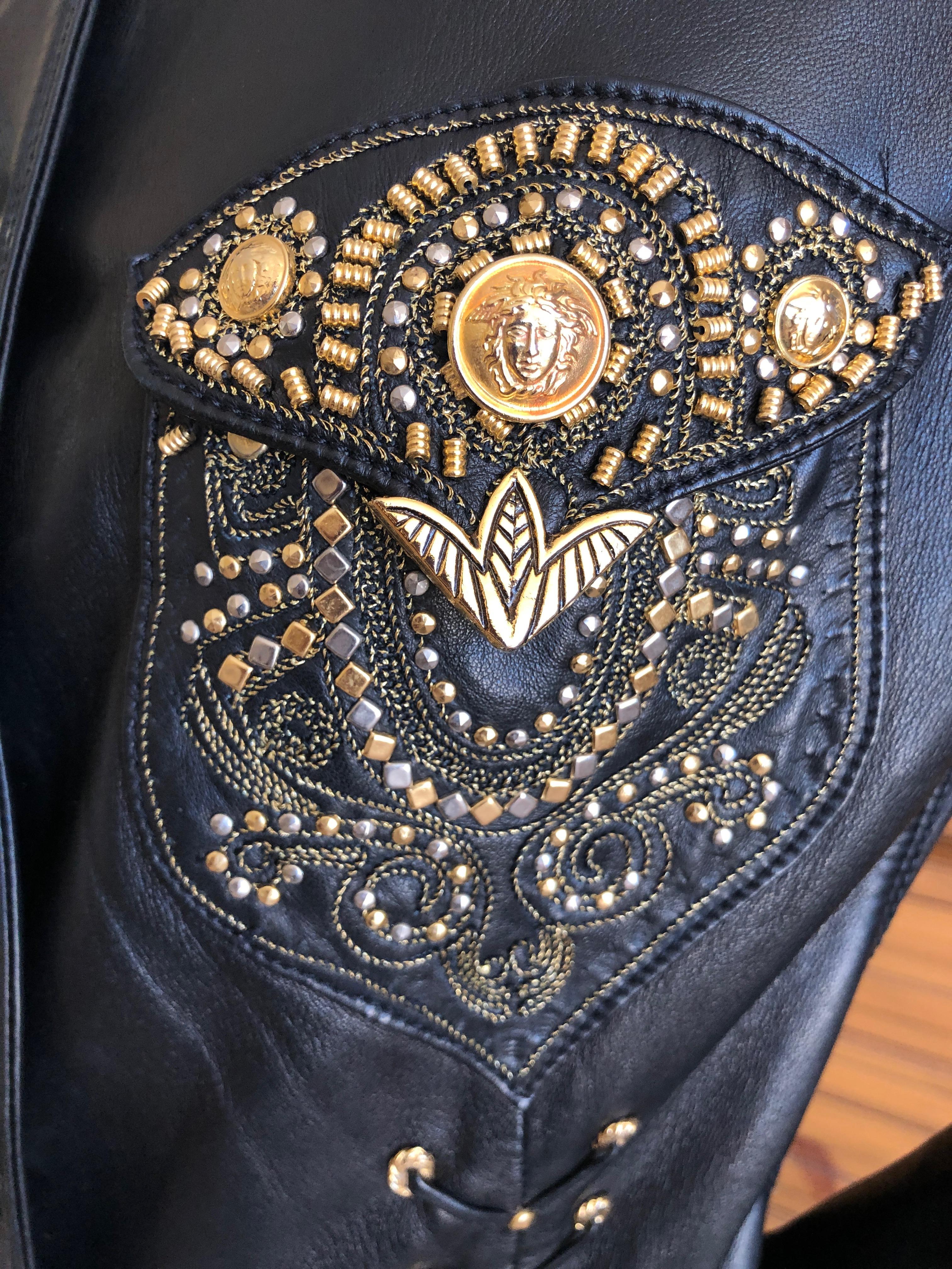 Gianni Versace 1990 Lambskin Leather Moto Jacket with Gold Embellishment For Sale 2