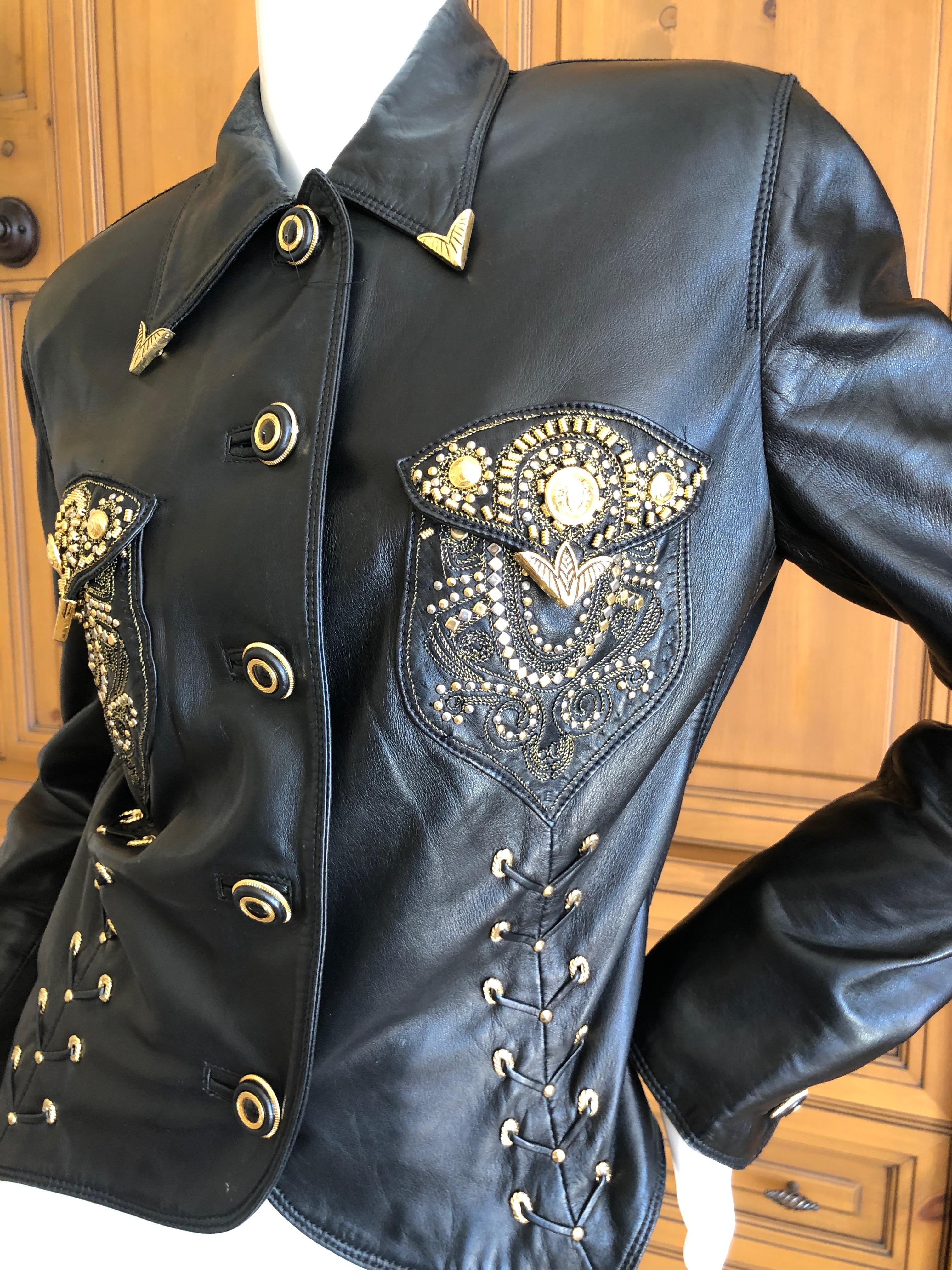 Gianni Versace 1990 Lambskin Leather Moto Jacket with Gold Embellishment For Sale 3