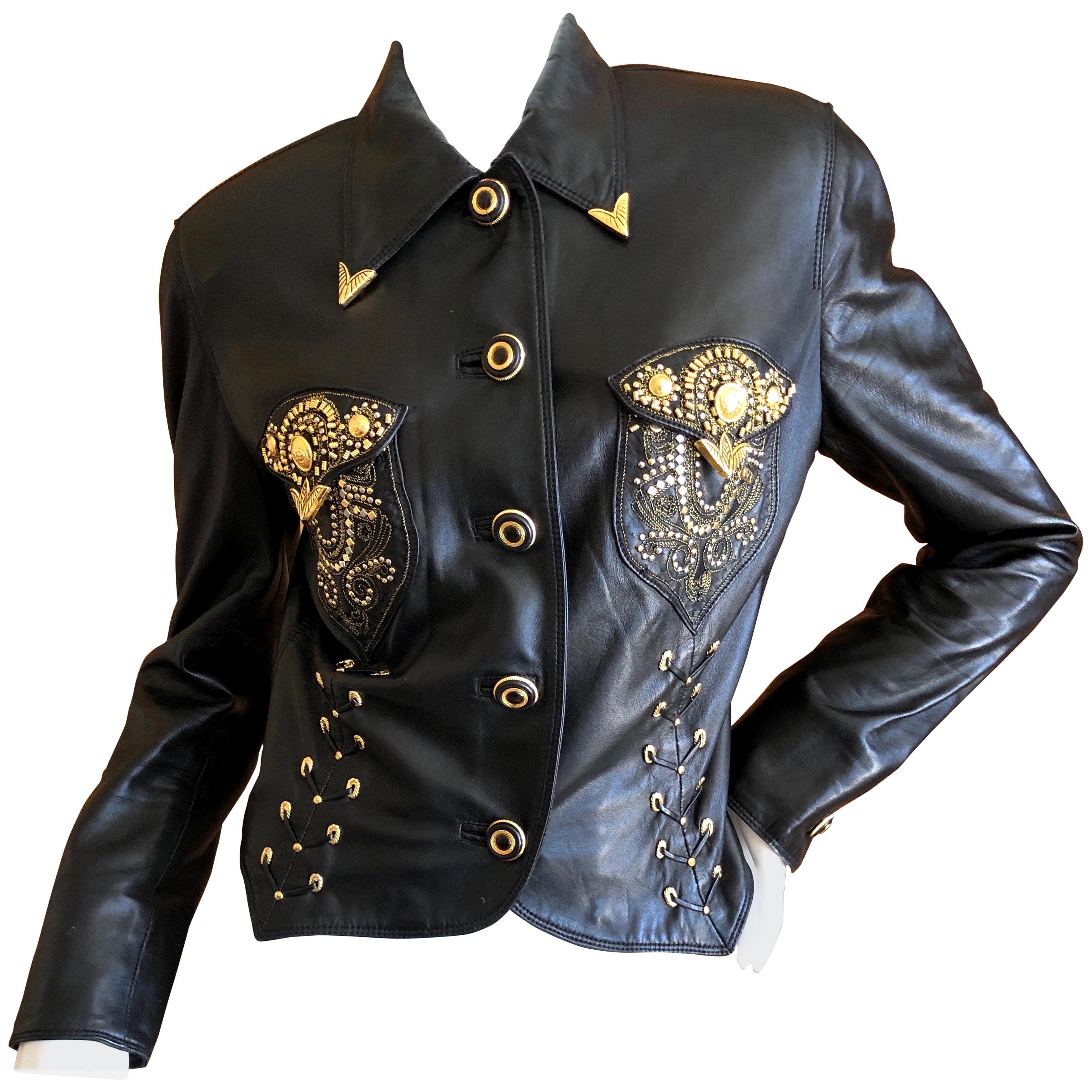 Gianni Versace 1990 Lambskin Leather Moto Jacket with Gold Embellishment For Sale