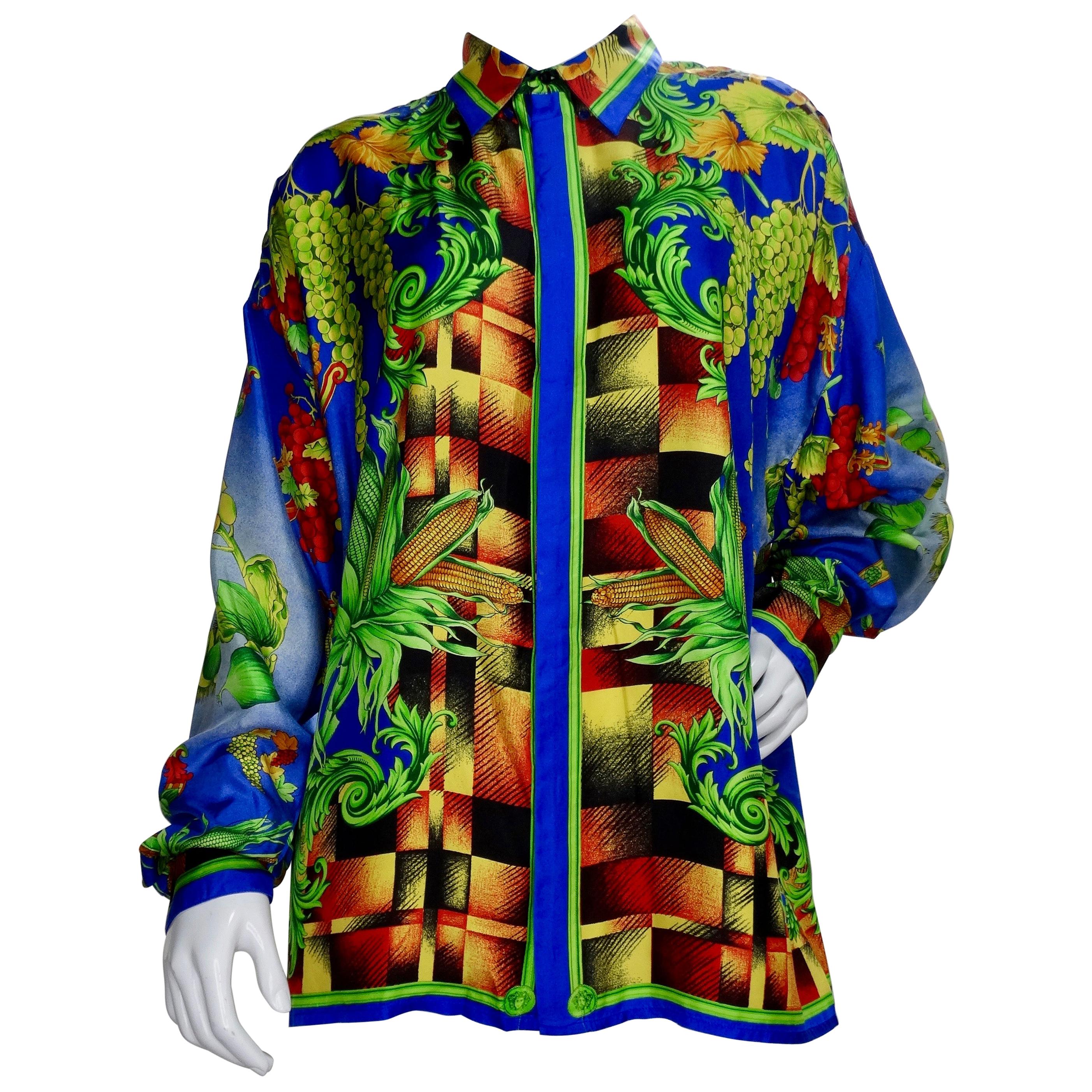 Gianni Versace 1990s "Autumn Nature" Silk Shirt  For Sale