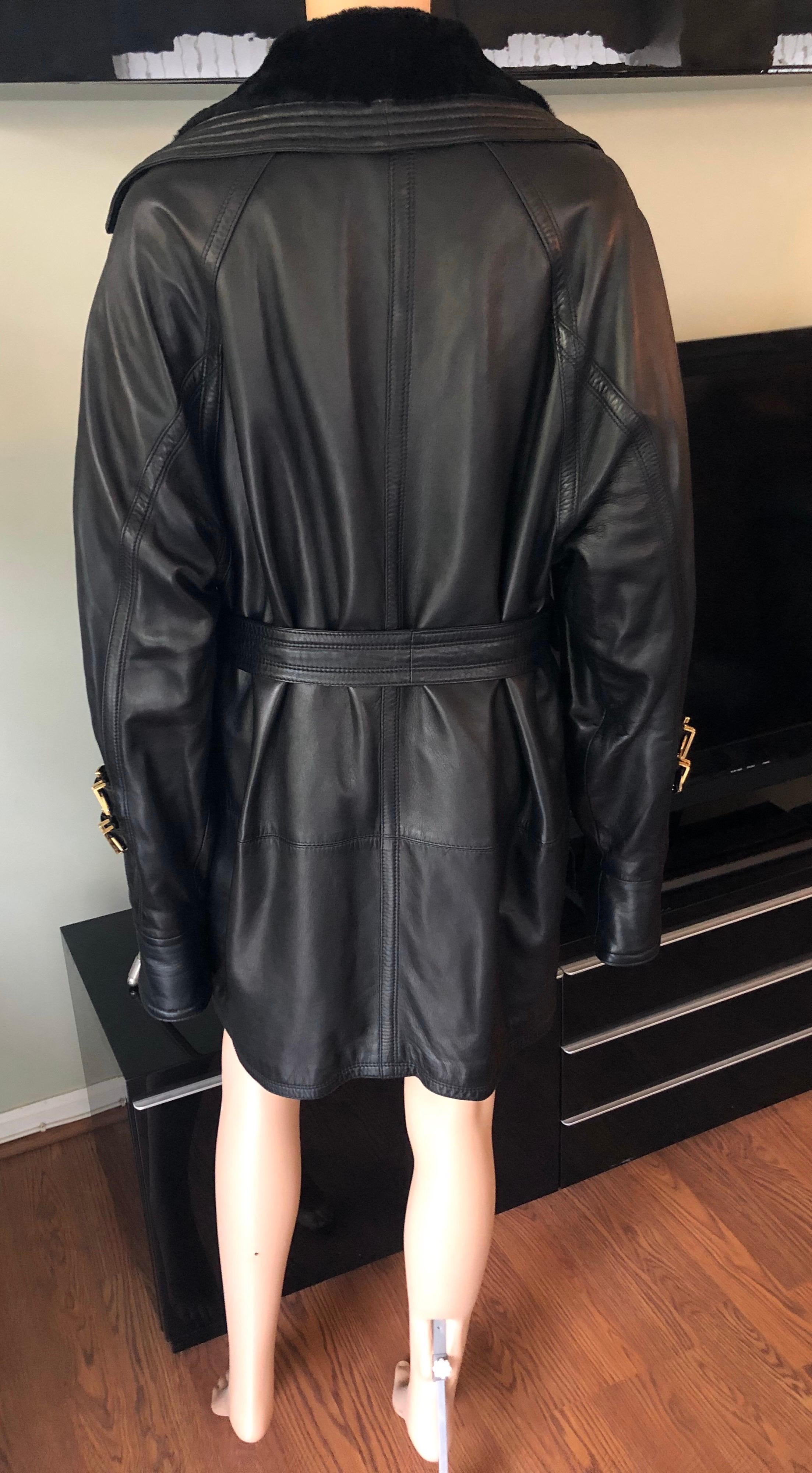 Women's Gianni Versace c. 1990 Bondage Leather Belted Knee-Length Black Jacket Coat For Sale