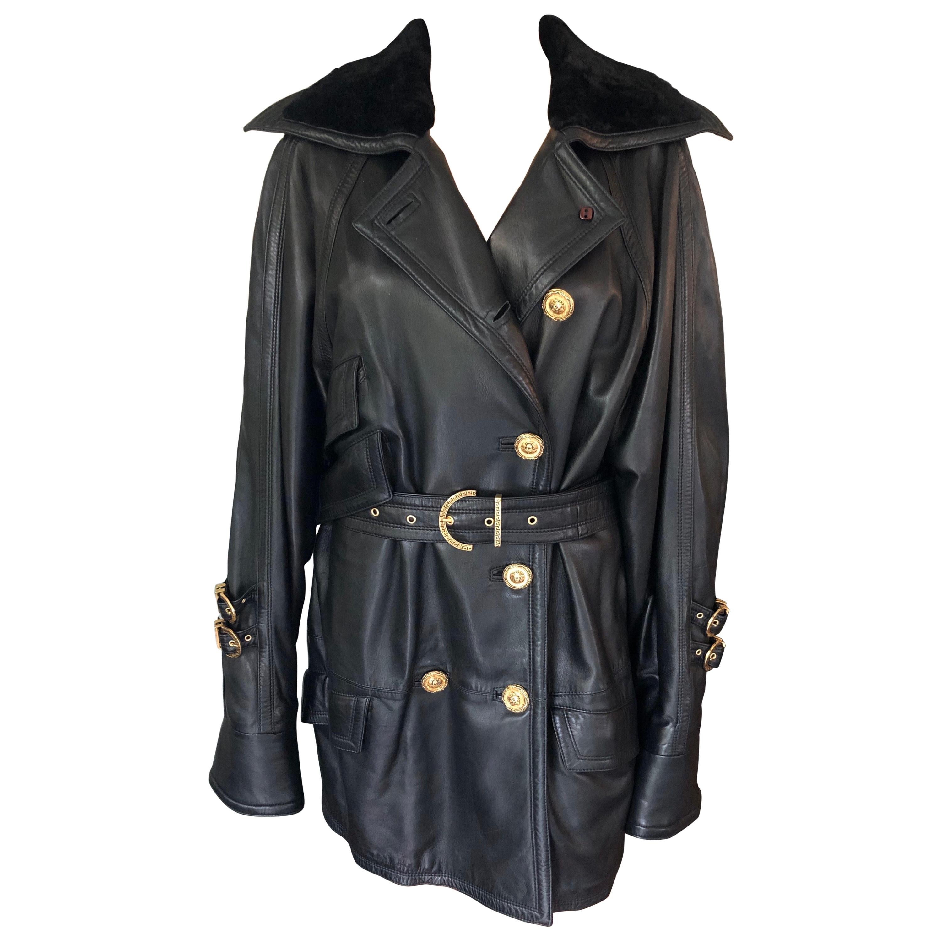 Gianni Versace c. 1990 Bondage Leather Belted Knee-Length Black Jacket Coat