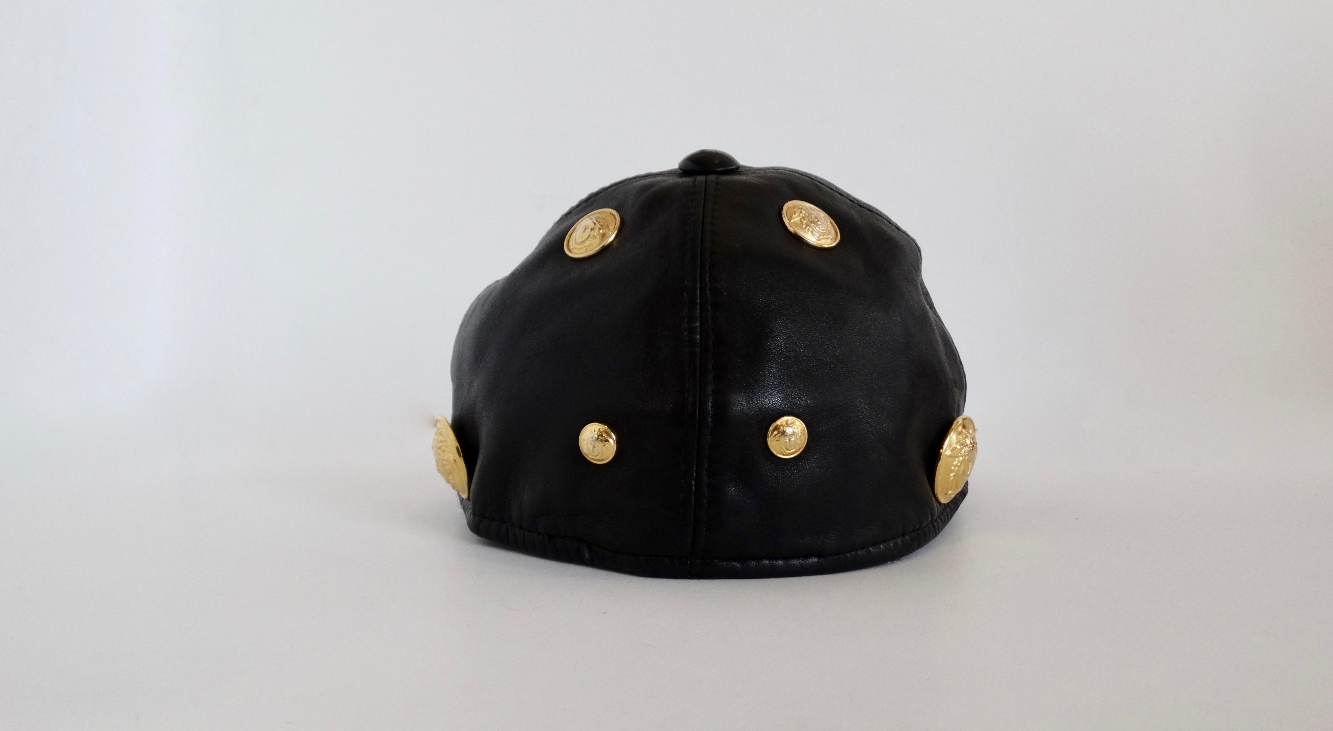 Gianni Versace 1990s Black Leather Medusa Hat In Good Condition For Sale In Scottsdale, AZ