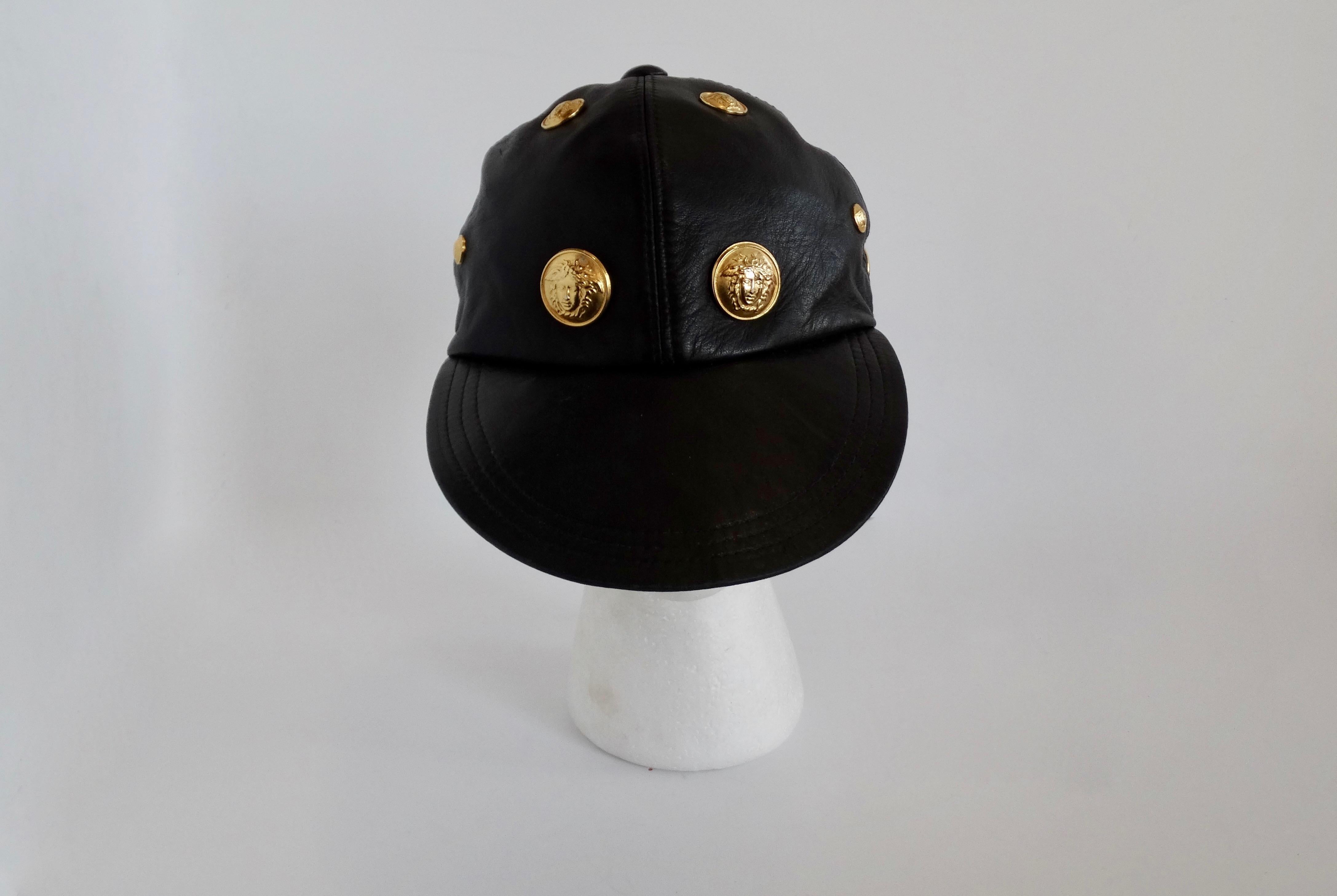 Women's or Men's Gianni Versace 1990s Black Leather Medusa Hat For Sale