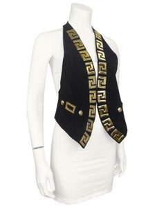 GIANNI VERSACE 1990s Black Suede Backless Vest Top w Gold Medusa Greek Meandros