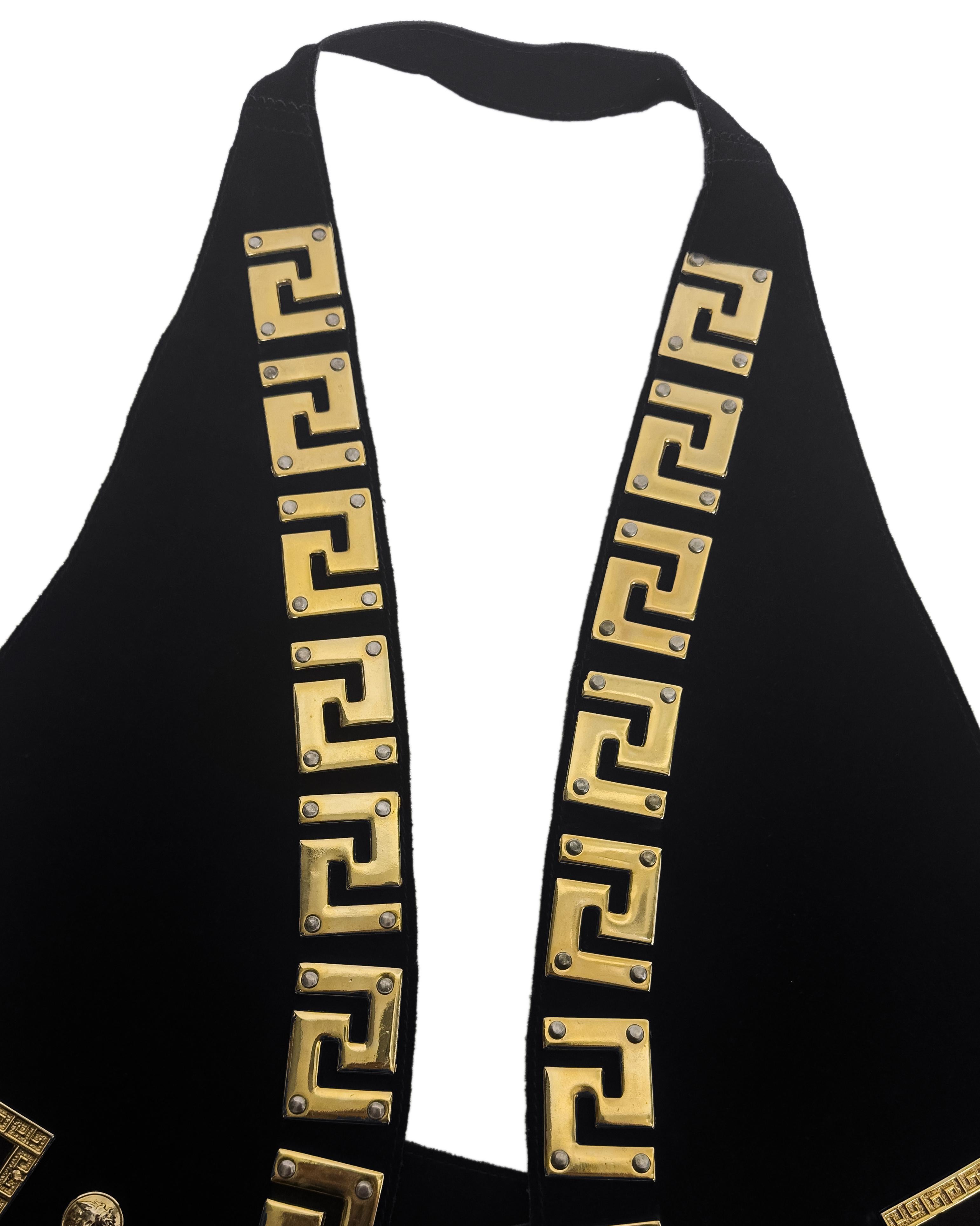 GIANNI VERSACE 1990s Black Suede Backless Vest Top w Gold Medusa Greek Meandros In Fair Condition For Sale In Toronto, Ontario