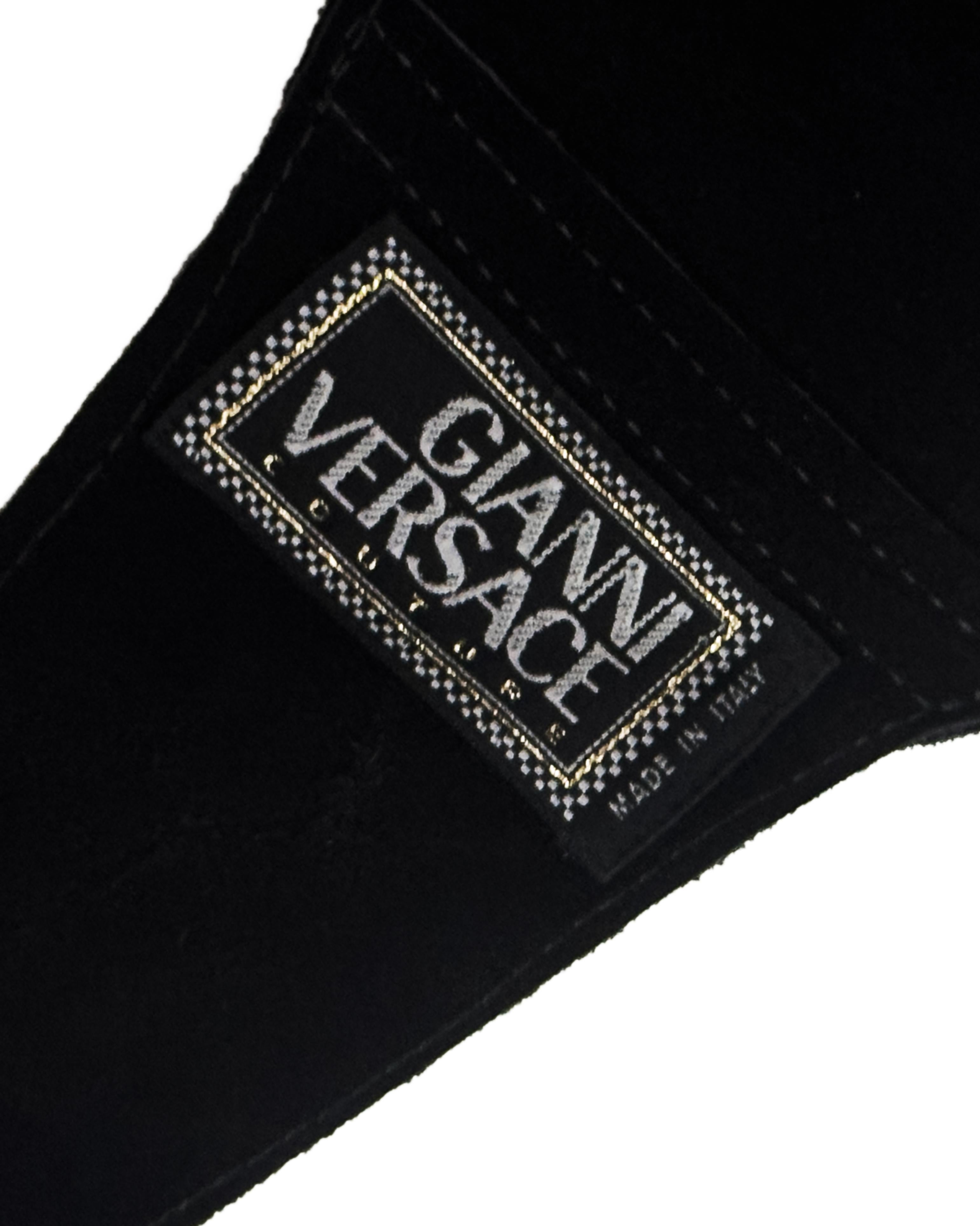 GIANNI VERSACE 1990s Black Suede Backless Vest Top w Gold Medusa Greek Meandros For Sale 3