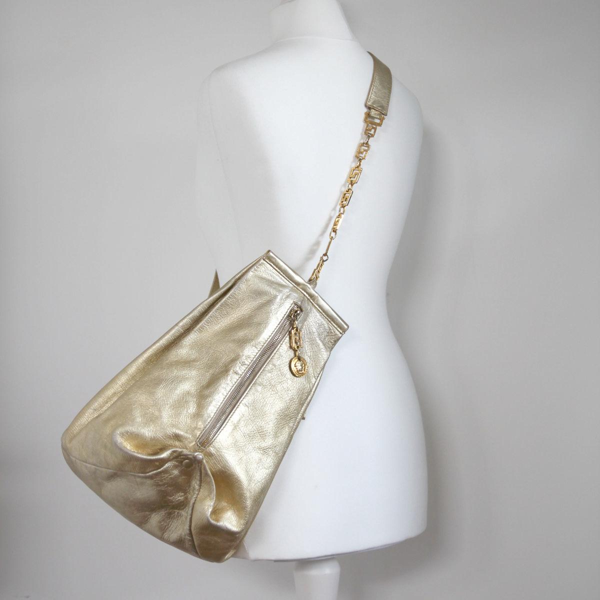 Beige GIANNI VERSACE 1990s Golden Leather Pouch Shoulder Bag / Backpack