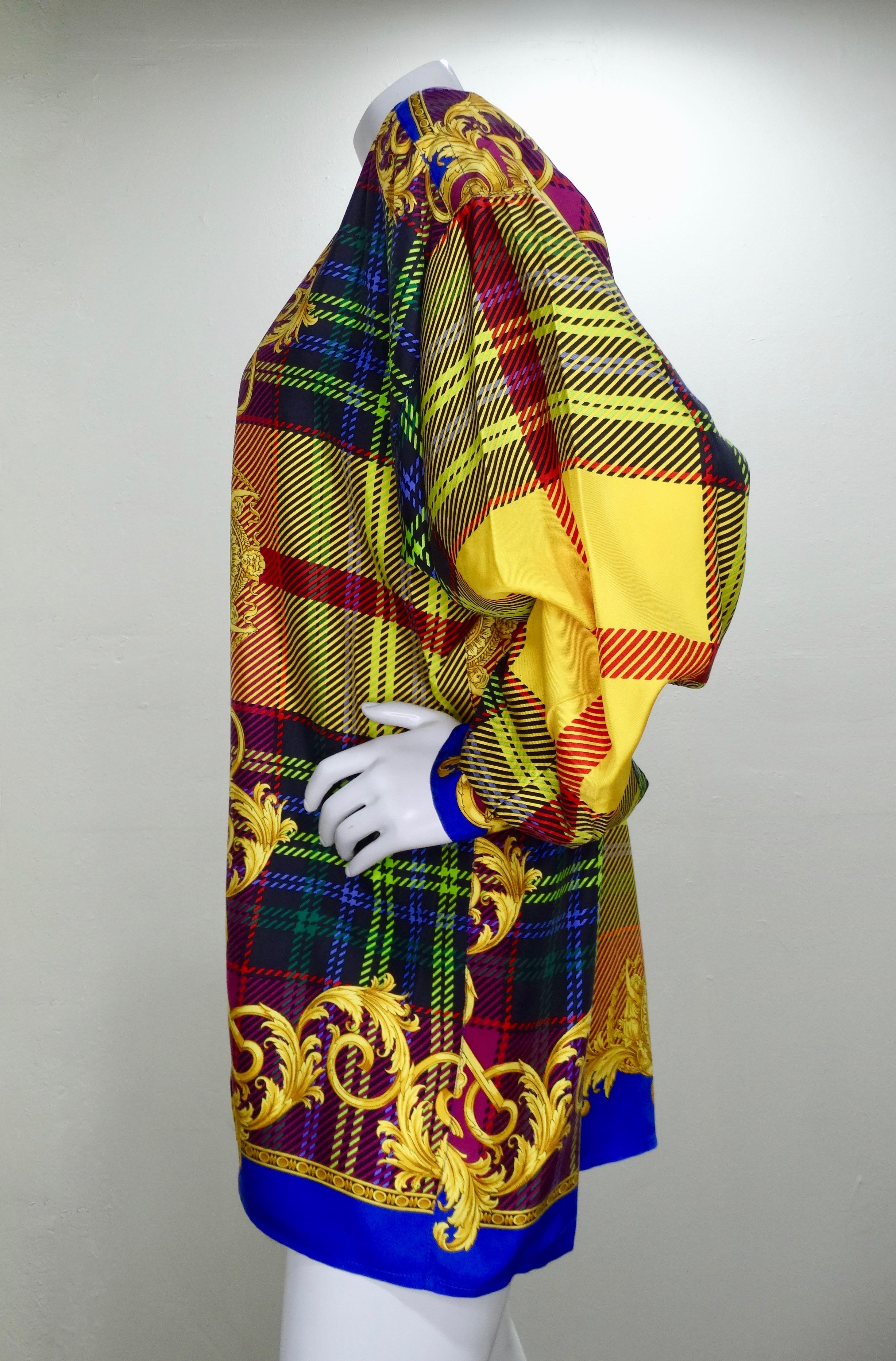 Gianni Versace 1990s Multi-Colored Plaid Silk Shirt  In Good Condition For Sale In Scottsdale, AZ