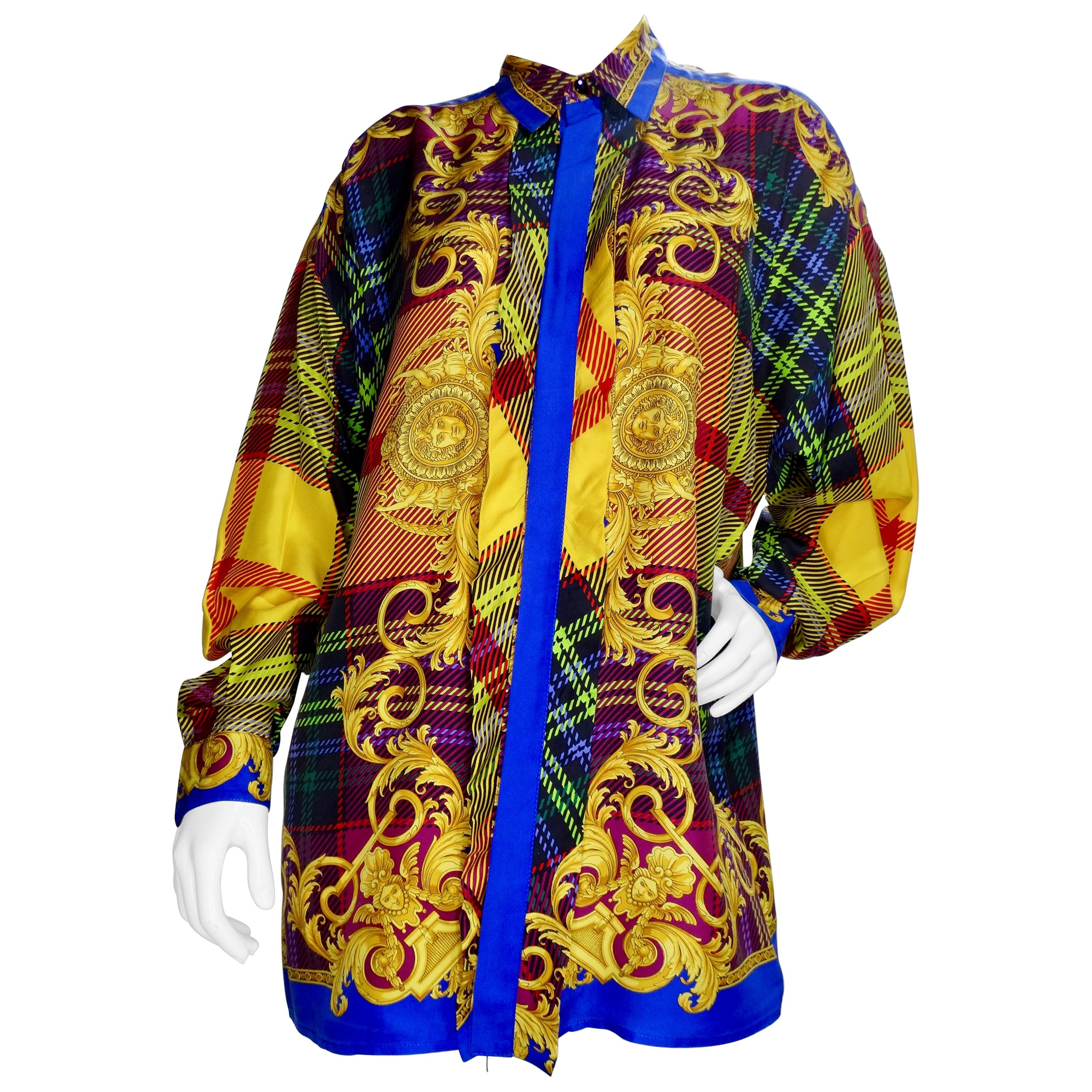 Gianni Versace 1990s Multi-Colored Plaid Silk Shirt 
