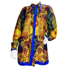 Vintage Gianni Versace 1990s Multi-Colored Plaid Silk Shirt 