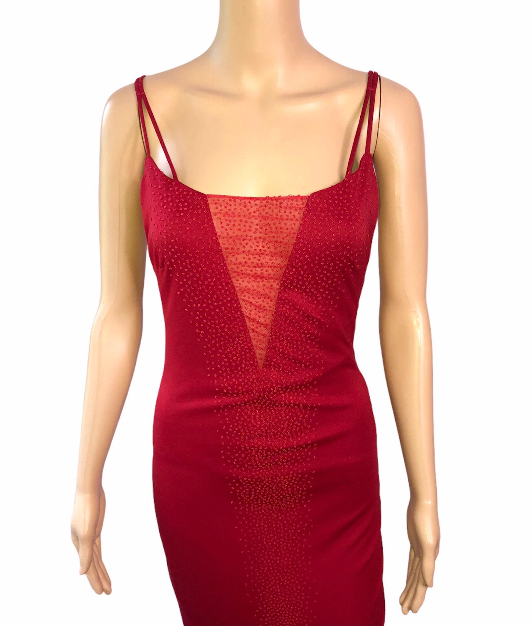 Gianni Versace 1990's Vintage Embellished Sheer Panel Red Evening Dress Gown In Good Condition For Sale In Naples, FL