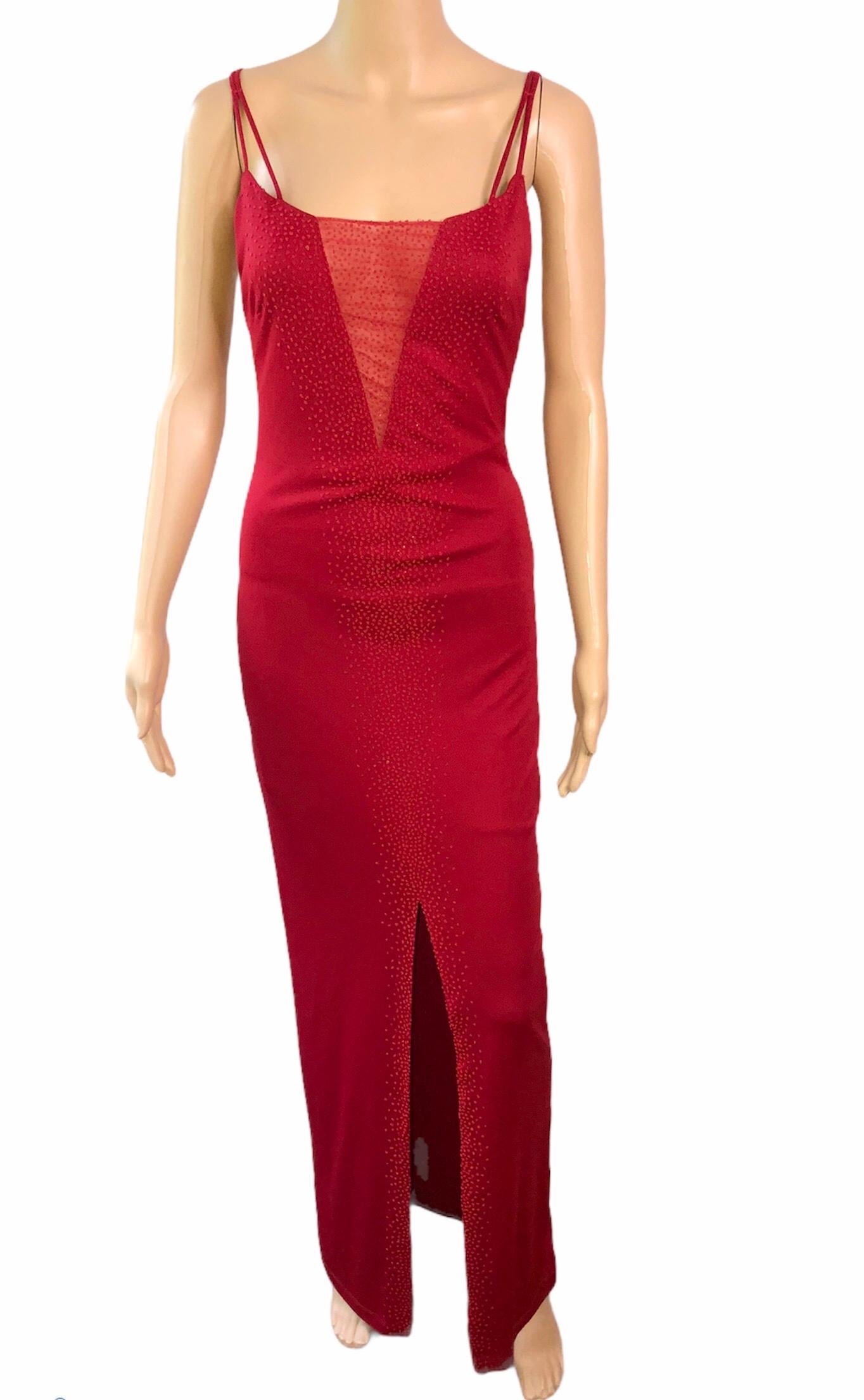 Women's or Men's Gianni Versace 1990's Vintage Embellished Sheer Panel Red Evening Dress Gown For Sale