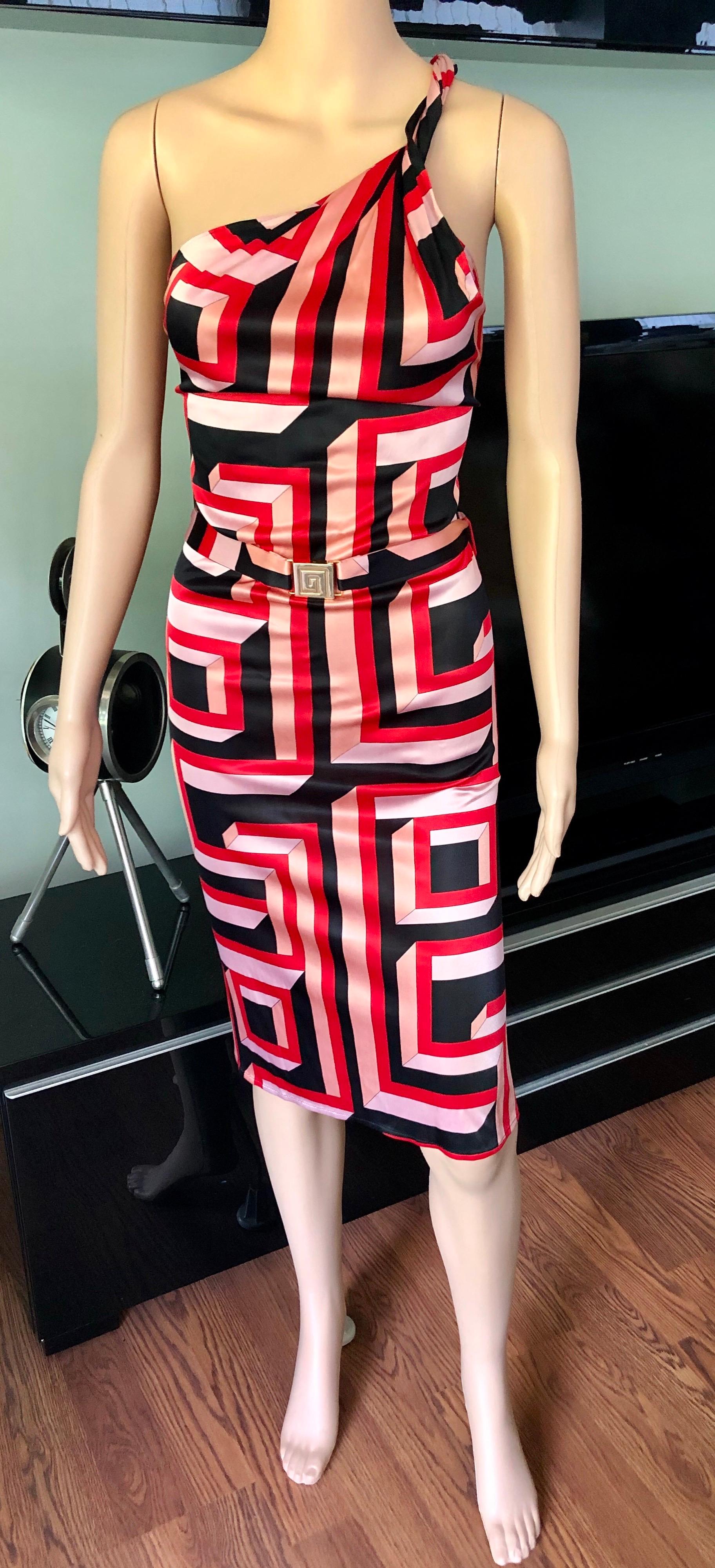 Gianni Versace S/S 2001 Vintage Geometric Print Belted Open Back Dress In Good Condition For Sale In Naples, FL