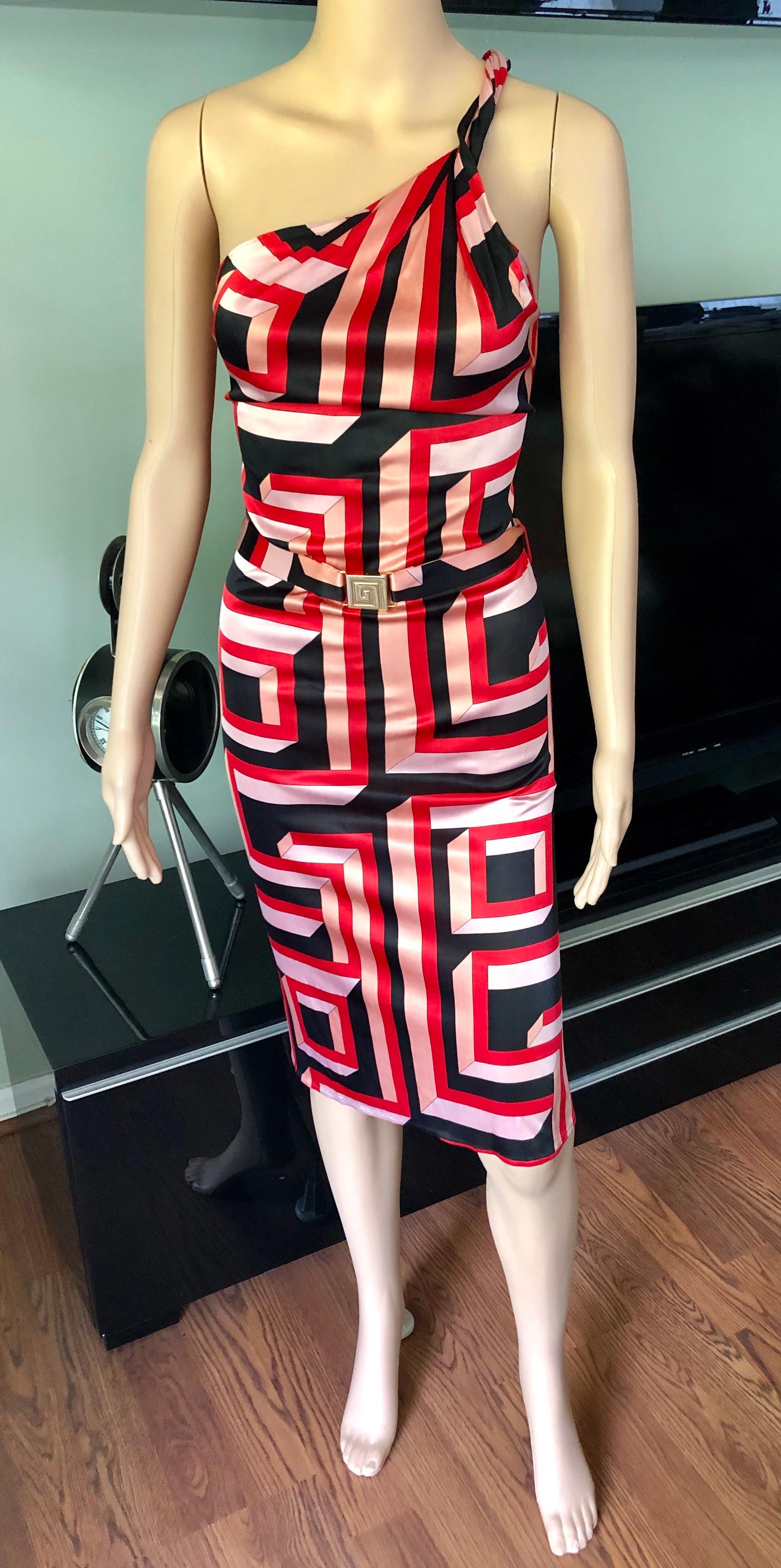 Gianni Versace S/S 2001 Vintage Geometric Print Belted Open Back Dress For Sale 1