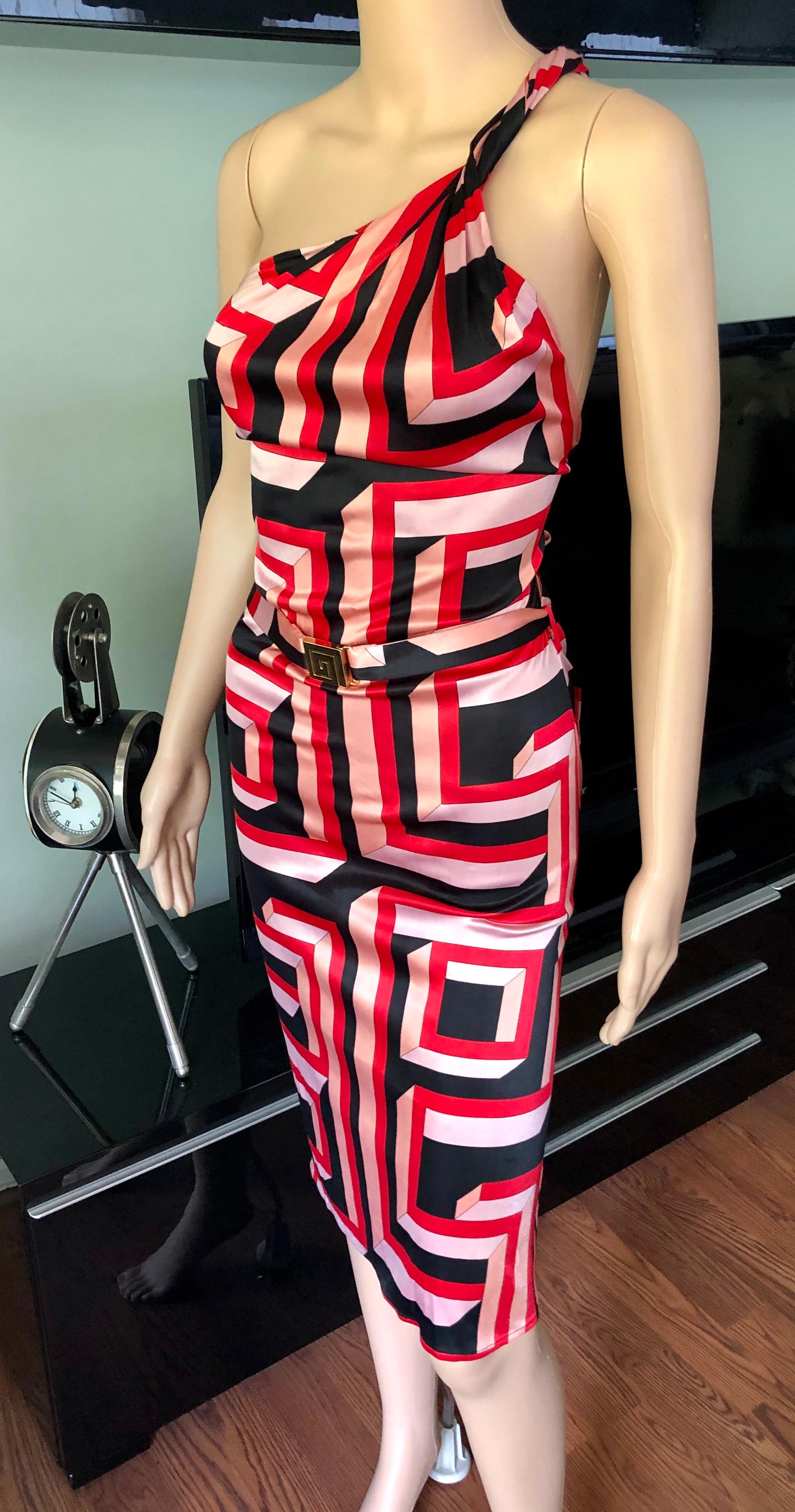 Gianni Versace S/S 2001 Vintage Geometric Print Belted Open Back Dress For Sale 2