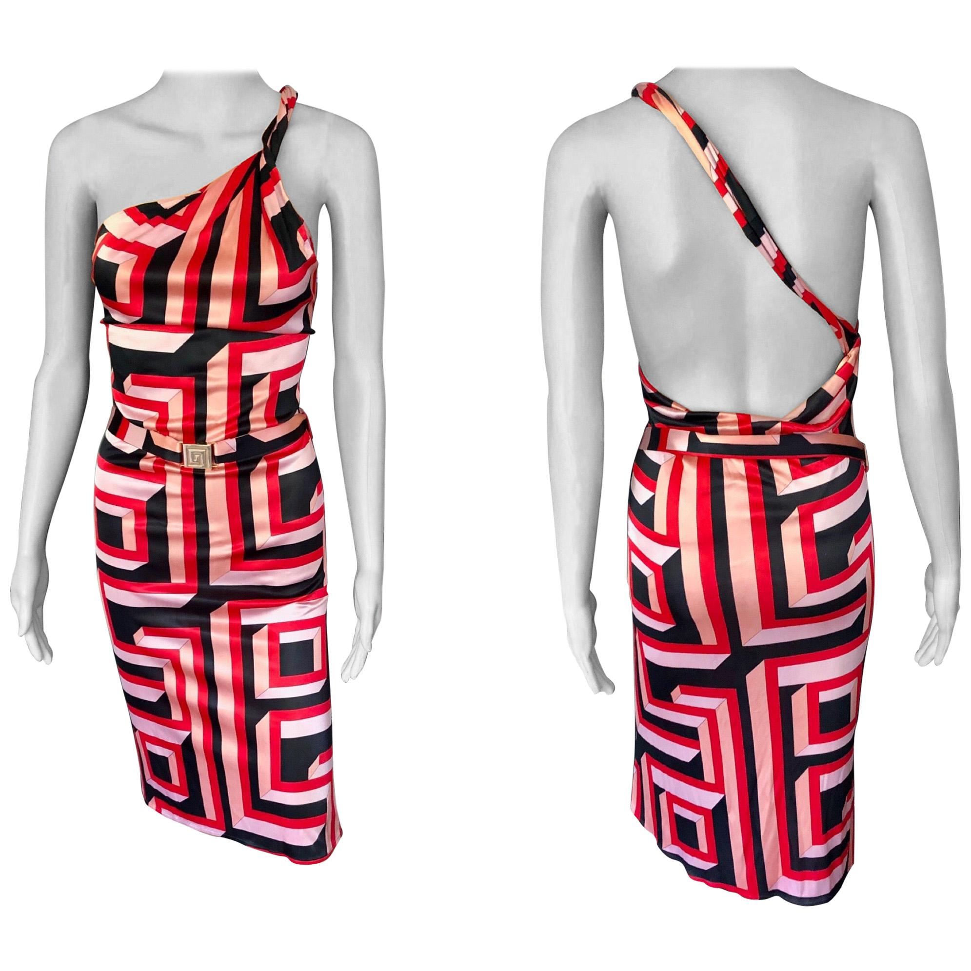 Gianni Versace S/S 2001 Vintage Geometric Print Belted Open Back Dress For Sale