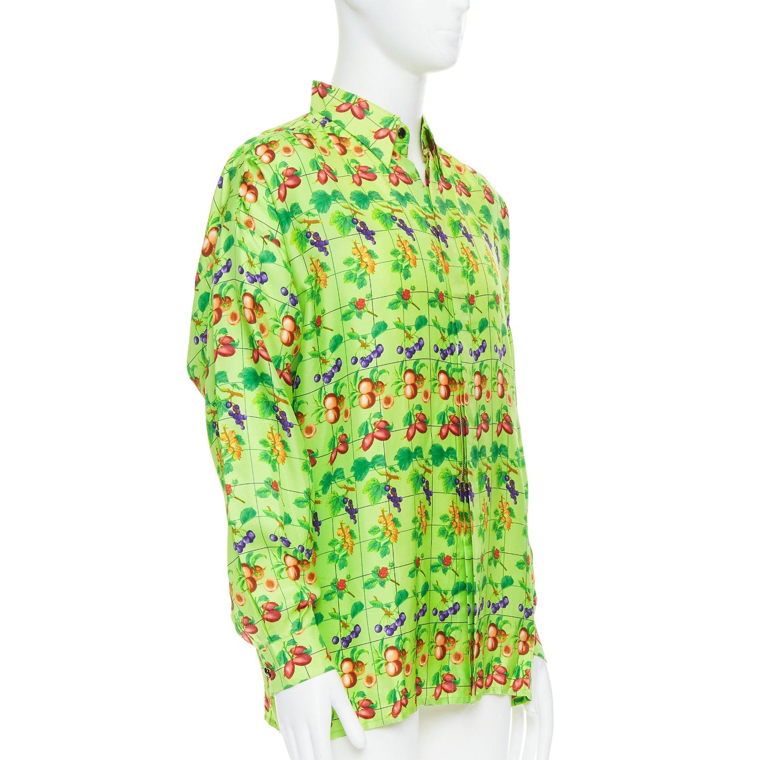 GIANNI VERSACE 1990's Vintage neon green fruit print silk shirt IT48 M In Excellent Condition In Hong Kong, NT