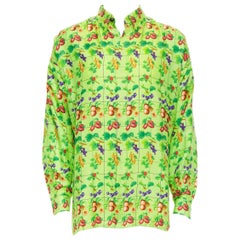 GIANNI VERSACE Años 90 Camisa vintage de seda verde neón con estampado de frutas IT48 M