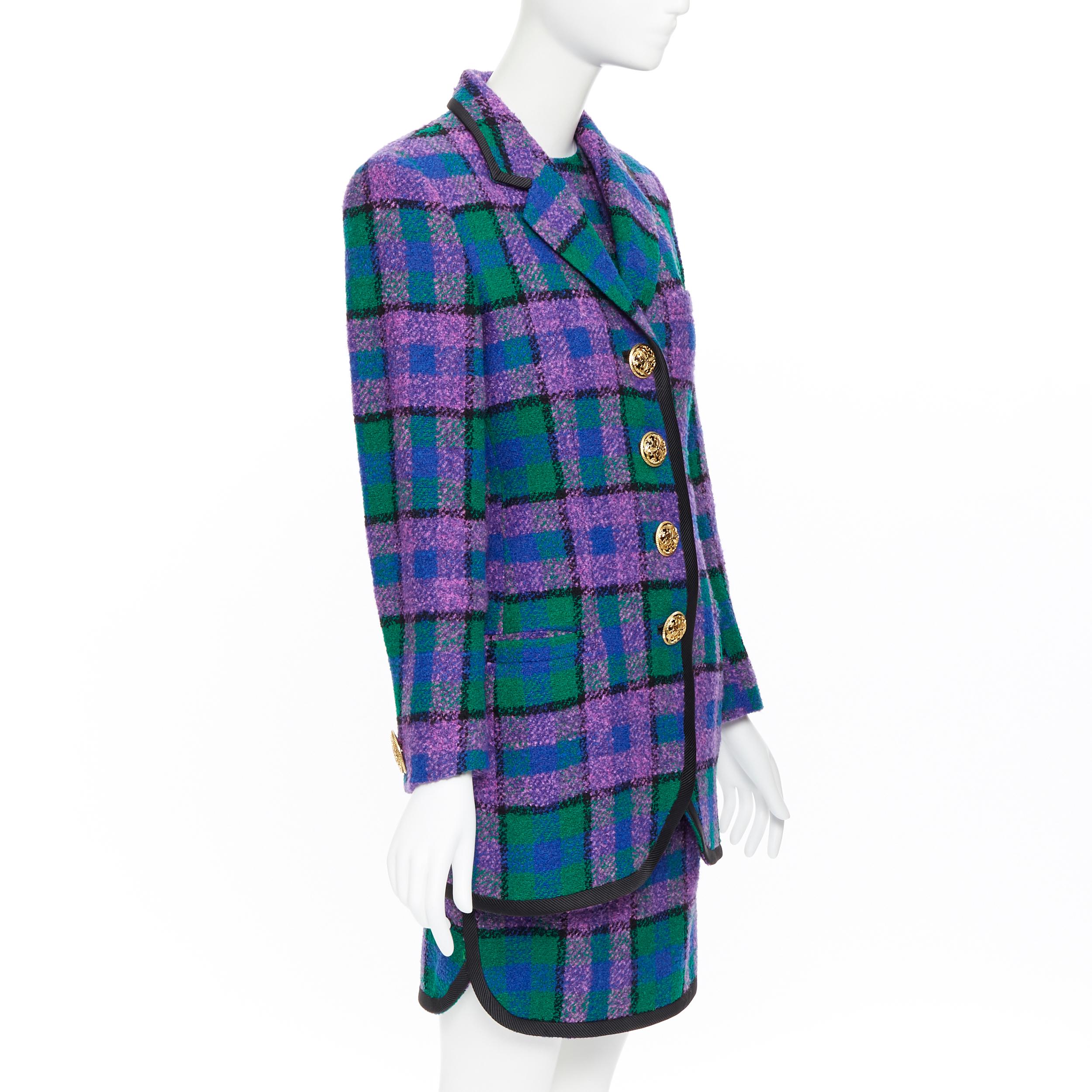 GIANNI VERSACE 1991 Vintage purple checked gold baroque button jacket skirt suit 1
